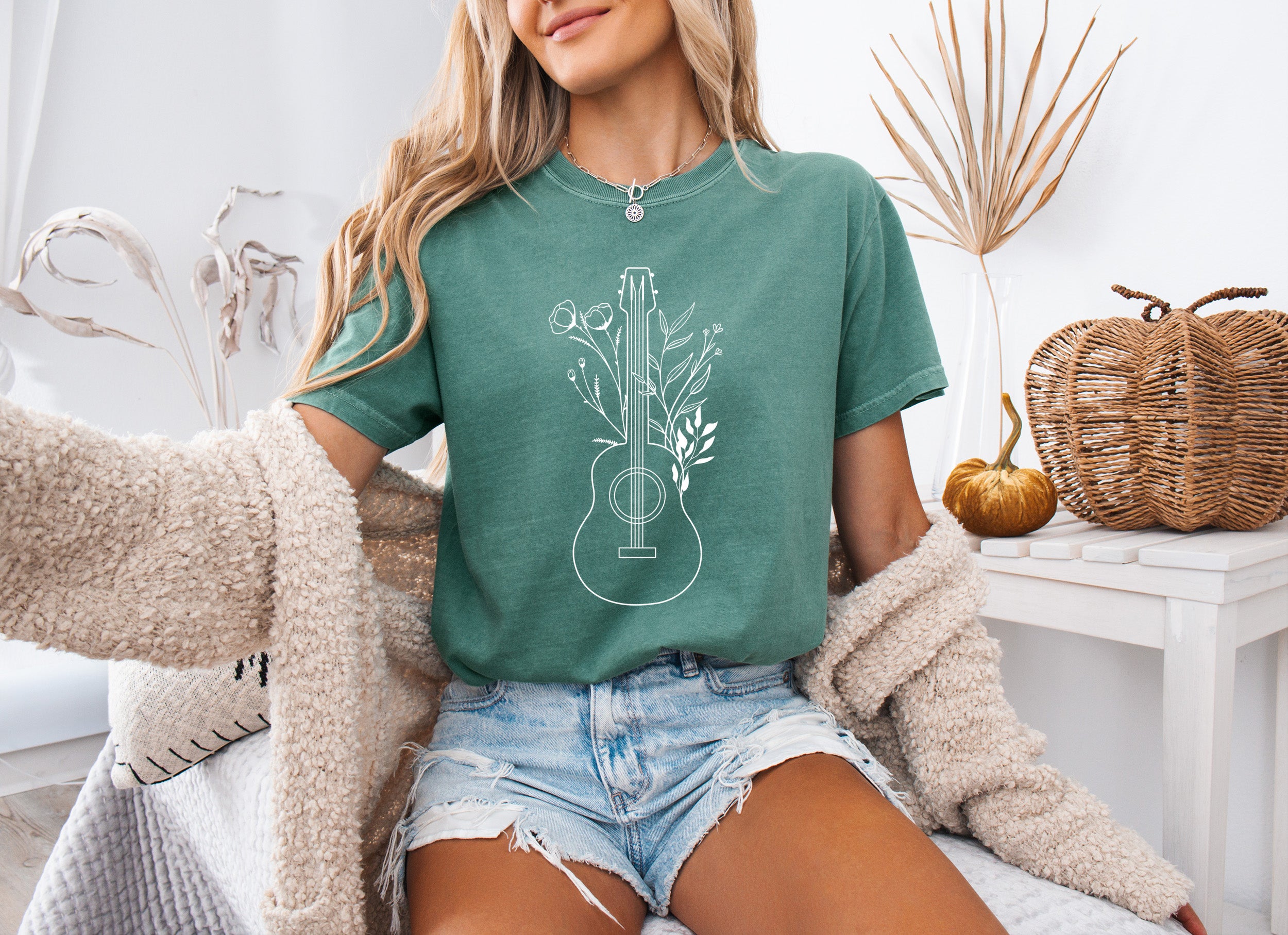 Wildflowers and Guitar Music Nature botanical Garment Dyed T Shirt