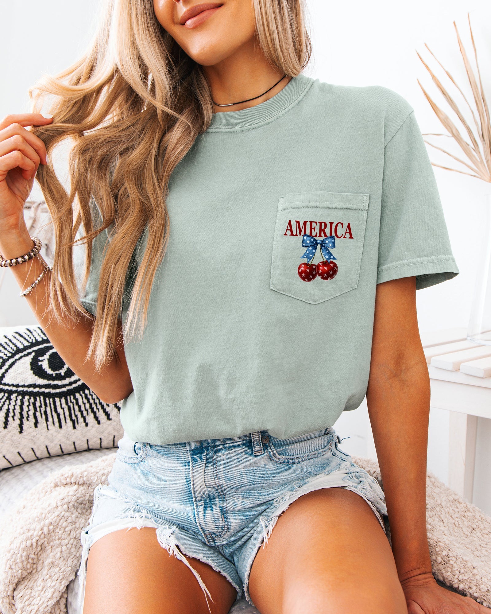 American Flag USA Cherry Comfort Colors Pocket T-Shirt – Independence Day & Memorial Day Patriotic Veterans