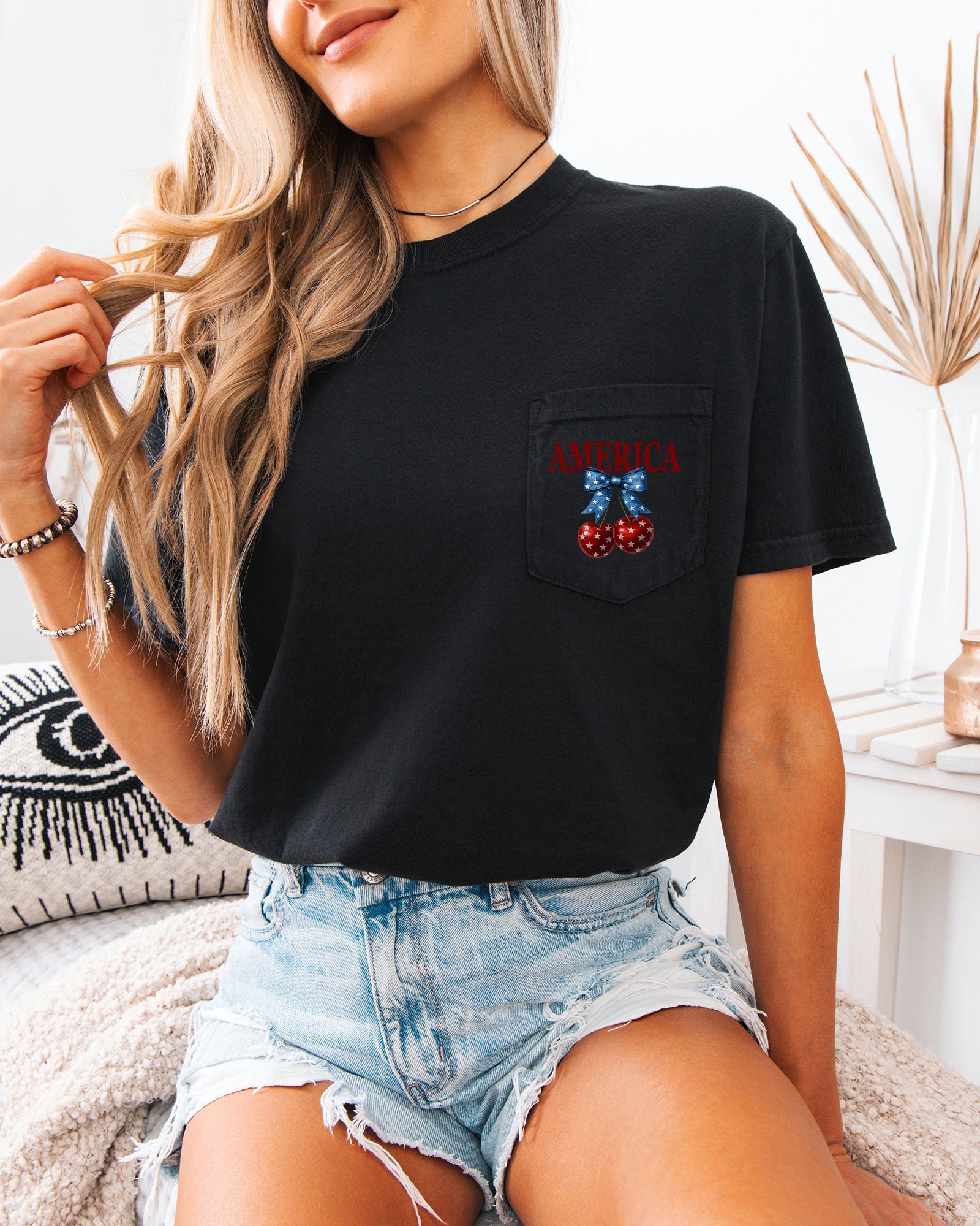 American Flag USA Cherry Comfort Colors Pocket T-Shirt – Independence Day & Memorial Day Patriotic Veterans