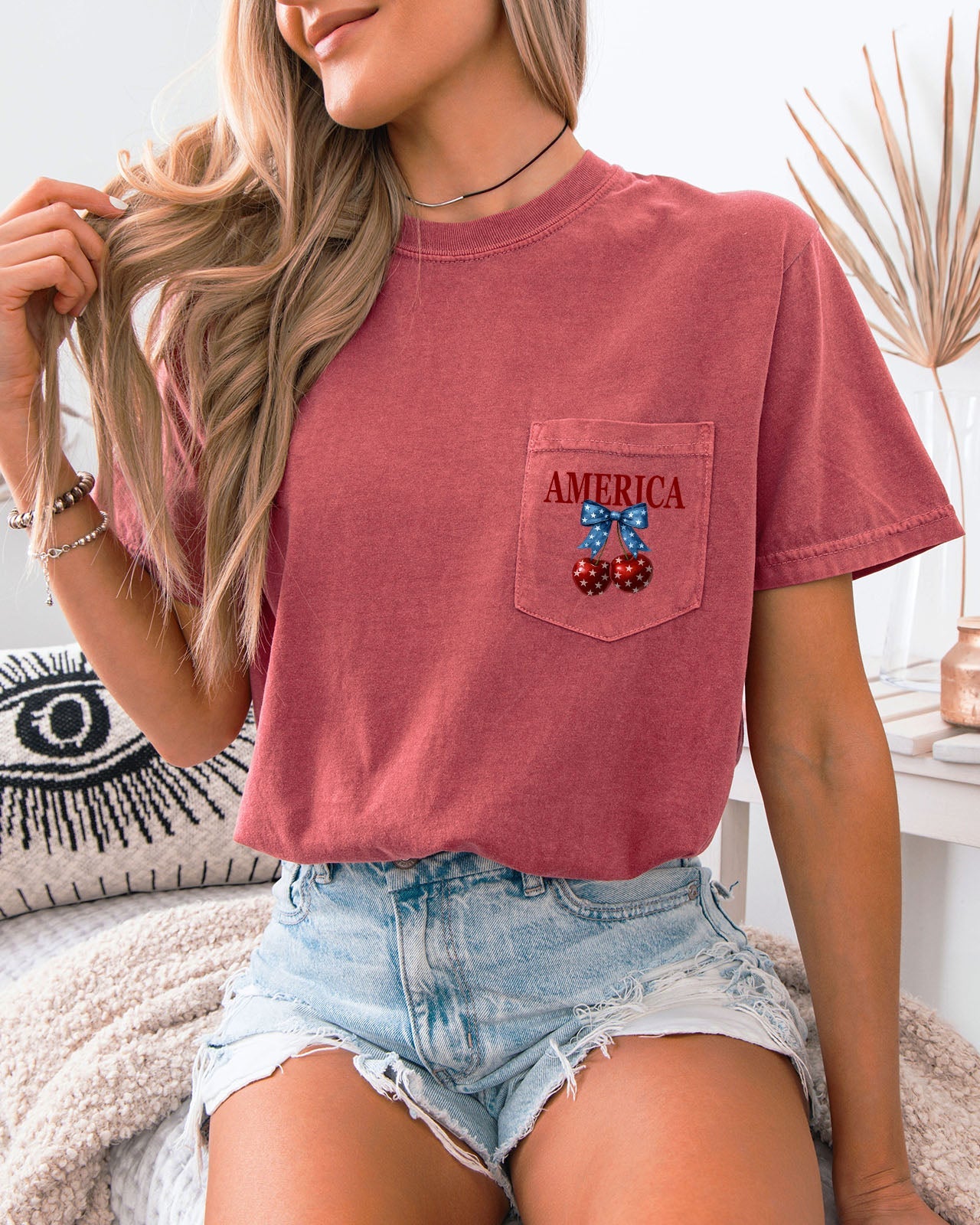 American Flag USA Cherry Comfort Colors Pocket T-Shirt – Independence Day & Memorial Day Patriotic Veterans