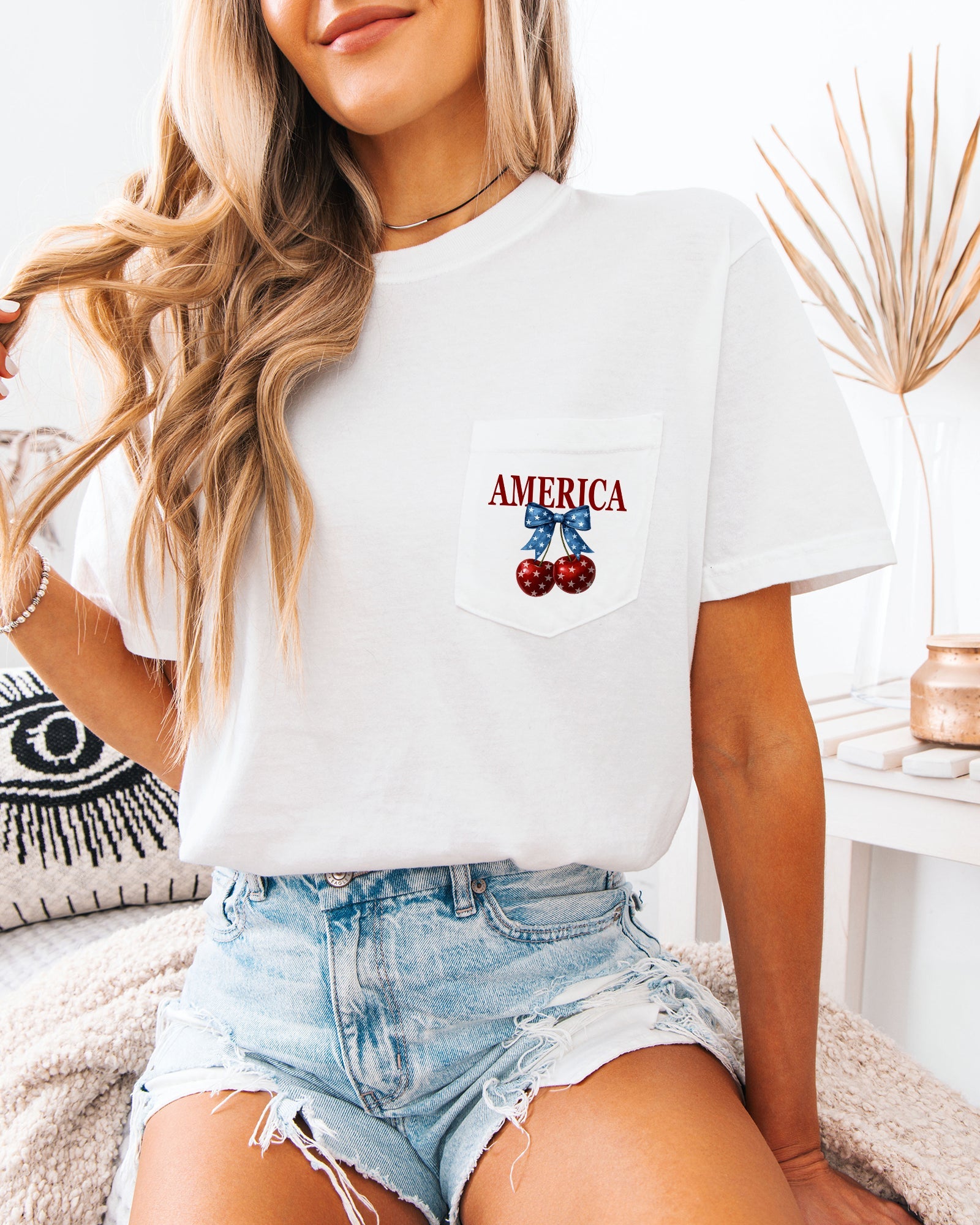 American Flag USA Cherry Comfort Colors Pocket T-Shirt – Independence Day & Memorial Day Patriotic Veterans