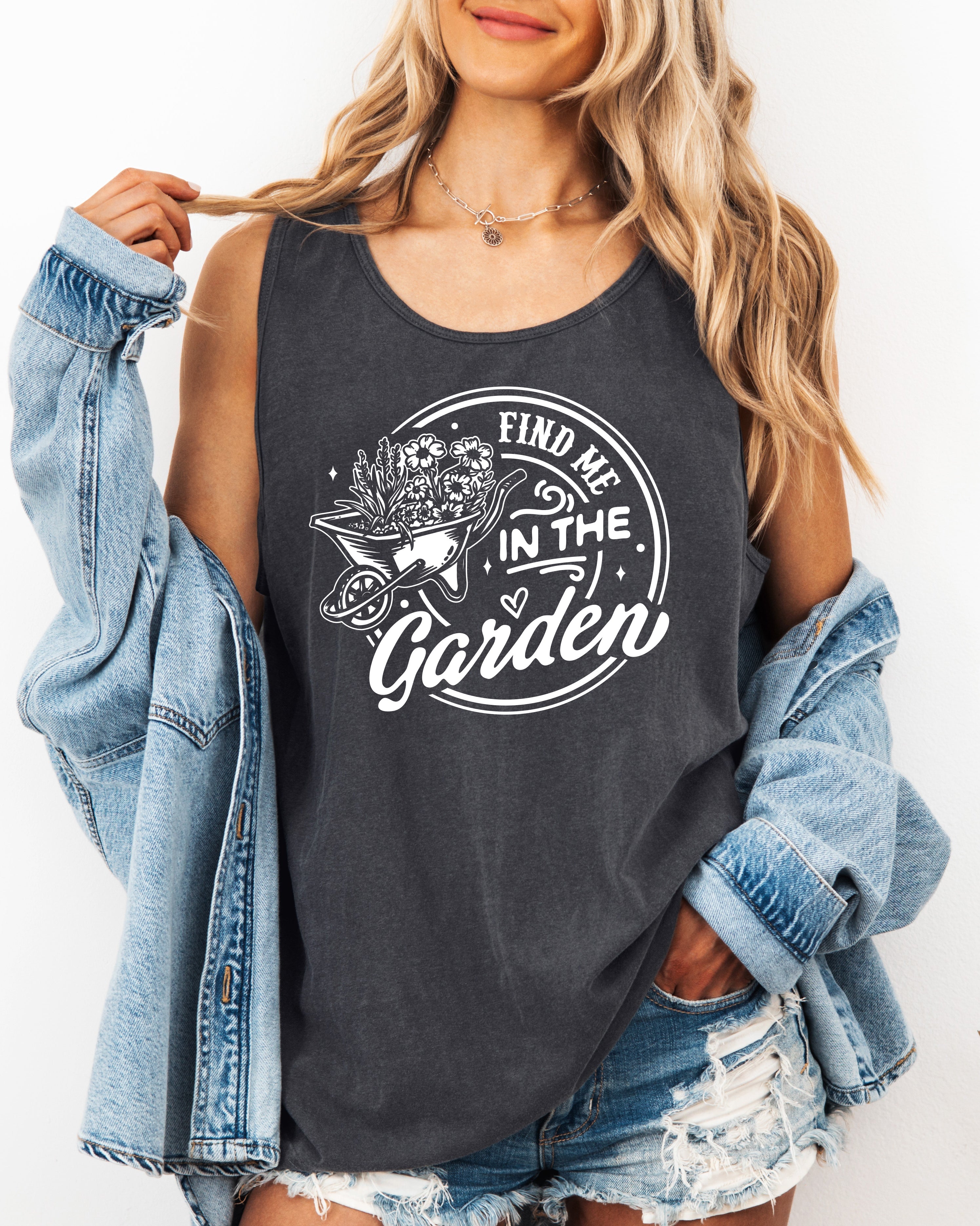 Find me in the Garden Comfort Colors Tank Top – Mountain Hiking Camping Vacation Nature Lake Beach Graphic (Copy)