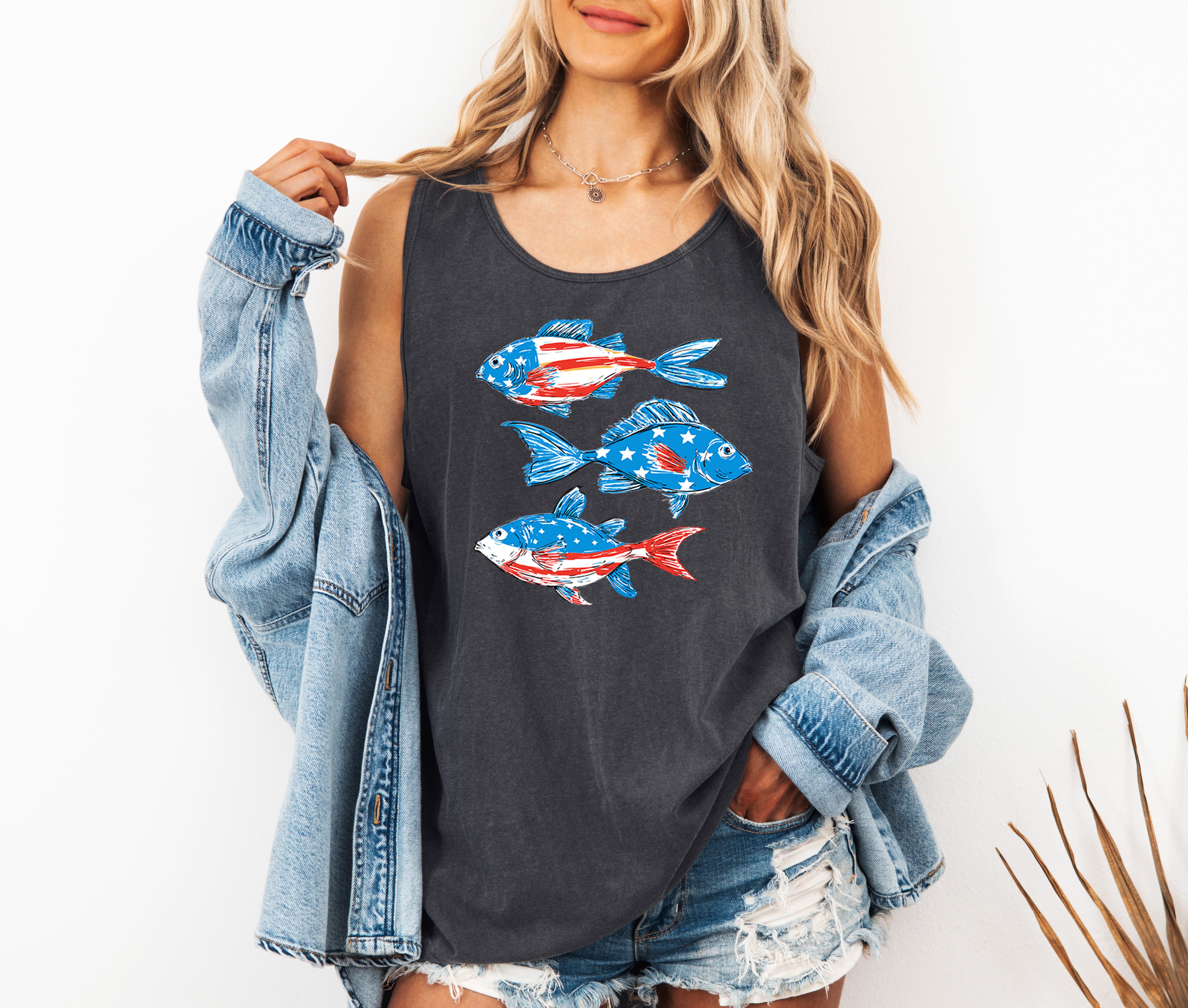 American USA Fish Salmon Lake Camping Comfort Colors Tank Top – Vacation Nature 4th of July Memorial day Veterans day