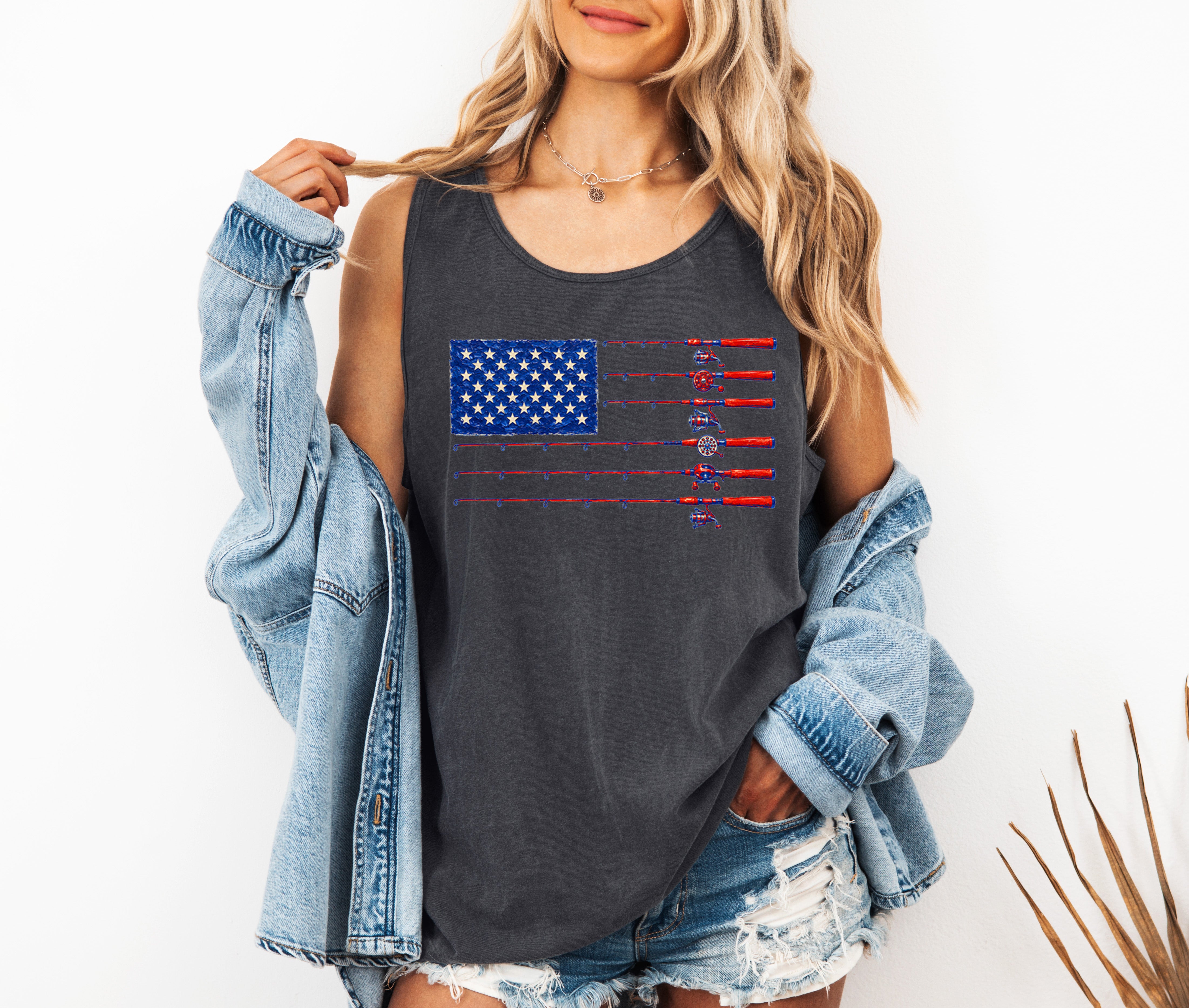 Comfort Colors Patriotic American flag Fishing USATank Top Women Unisex Gift for Dad 4th of July
