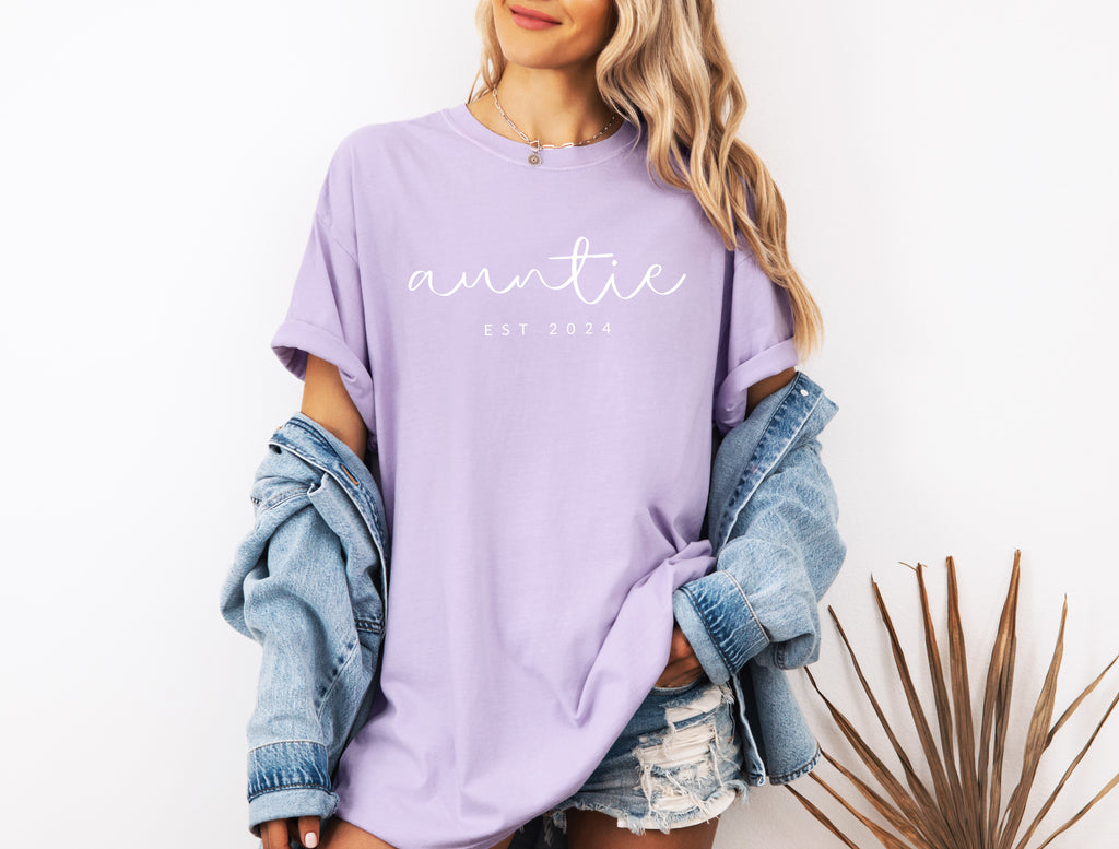 Auntie Personalized Est Year Comfort Colors T Shirt (Cursive)