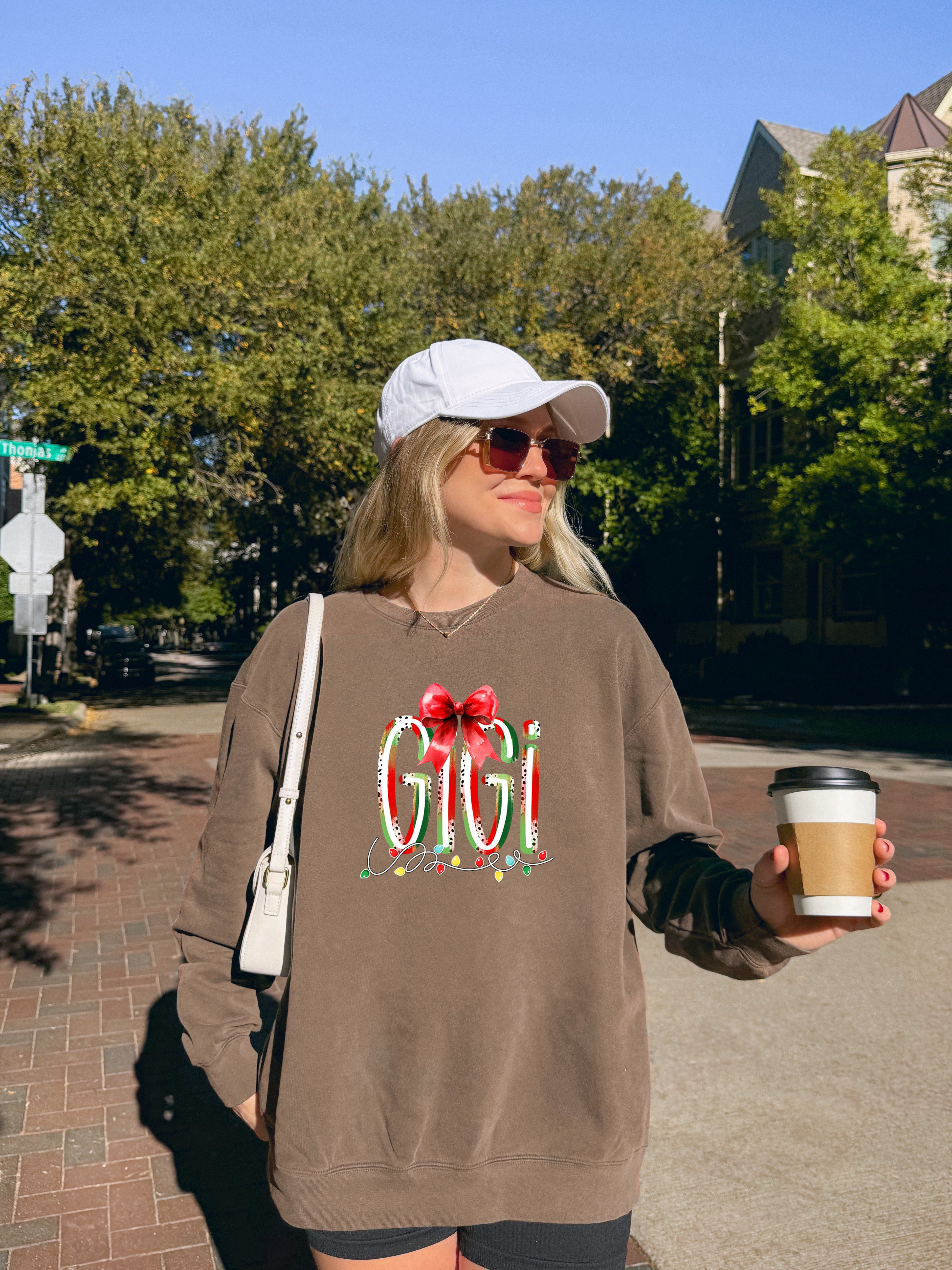 Gigi Christmas Theme Grandma Garment Dyed Comfort Colors Sweatshirt (red ribbon)