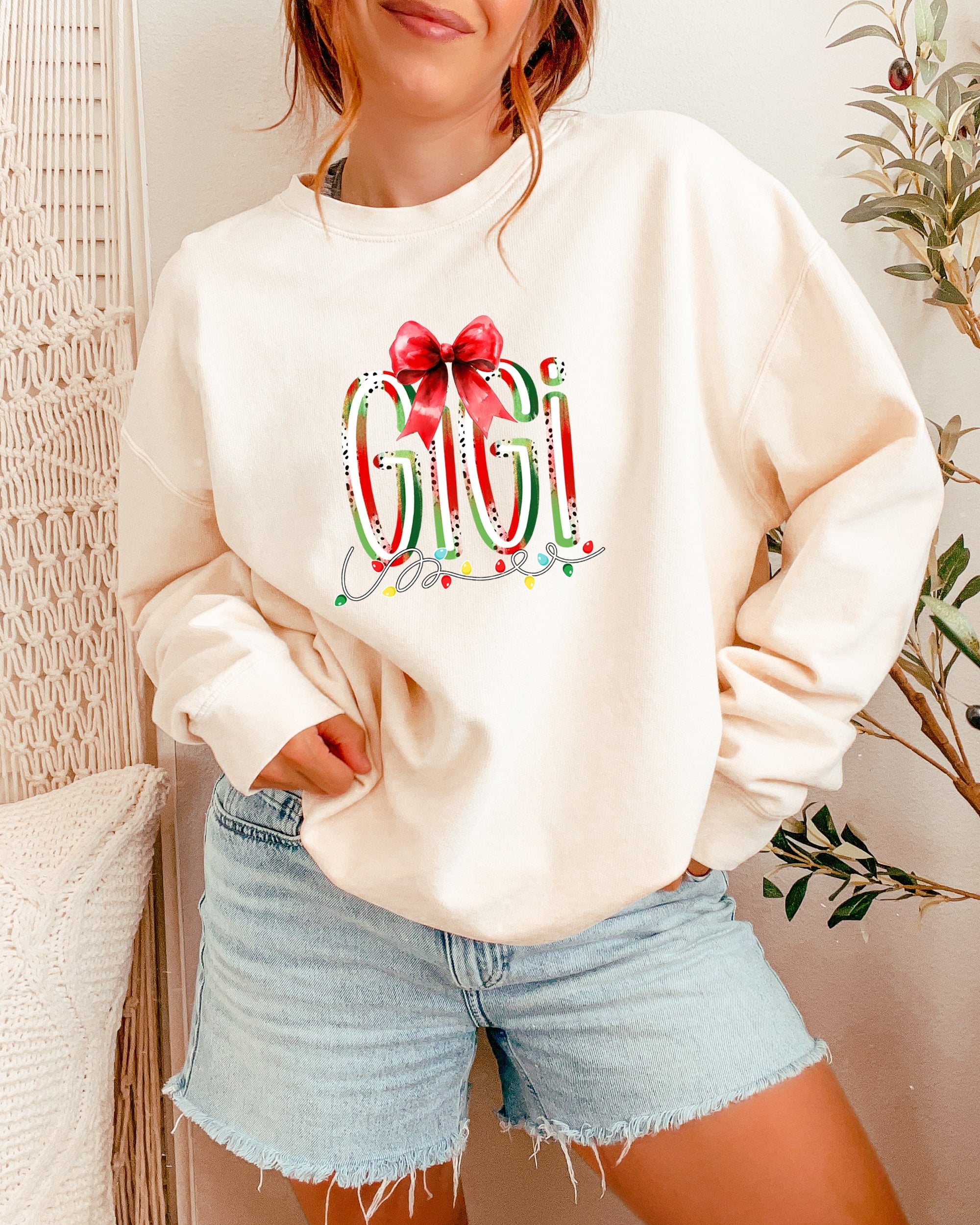 Gigi Christmas Theme Grandma Garment Dyed Comfort Colors Sweatshirt (red ribbon)