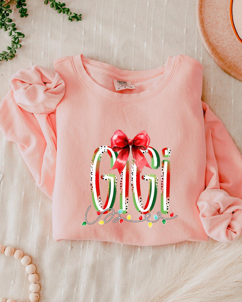 Gigi Christmas Theme Grandma Garment Dyed Comfort Colors Sweatshirt (red ribbon)