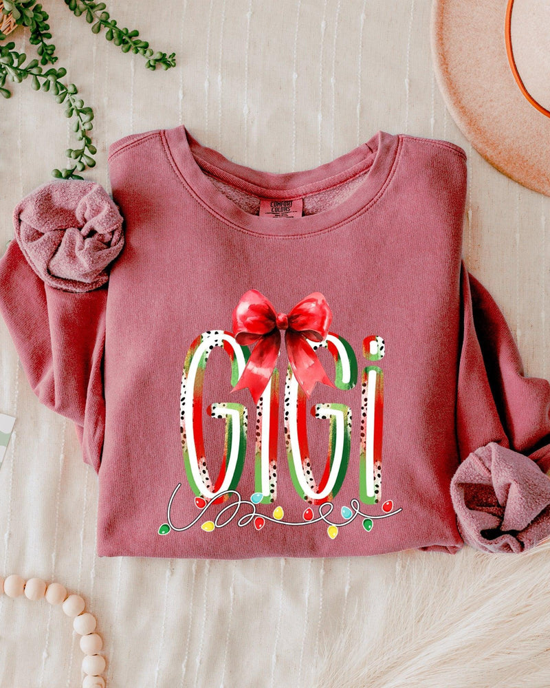 Gigi Christmas Theme Grandma Garment Dyed Comfort Colors Sweatshirt (red ribbon)