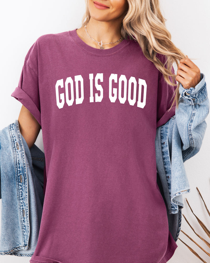 God is good Christian Comfort Colors Garment Dyed T Shirt (high school font)