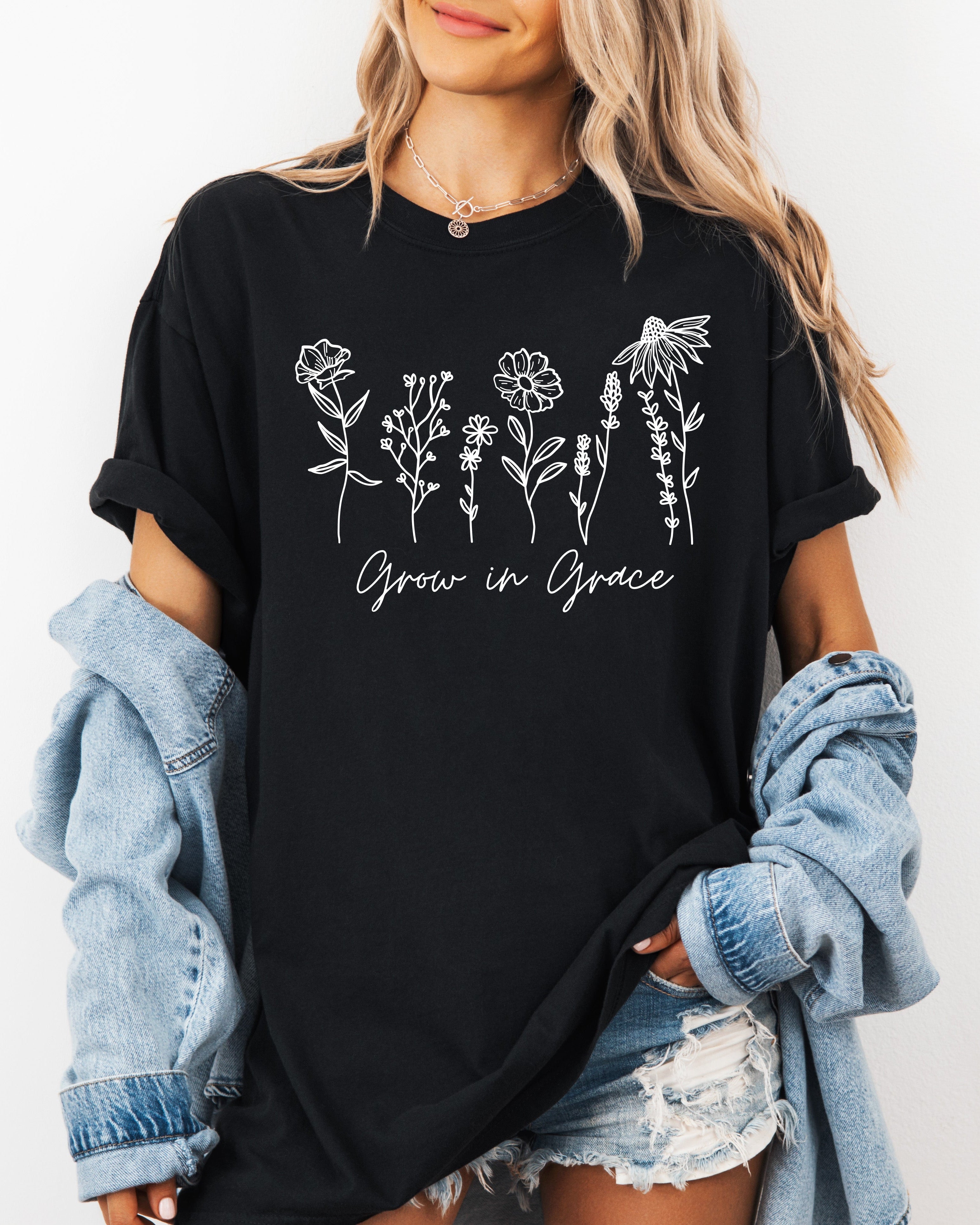 Grow in Grace Comfort Colors Christian and Flower Garment Dyed Christian T Shirt