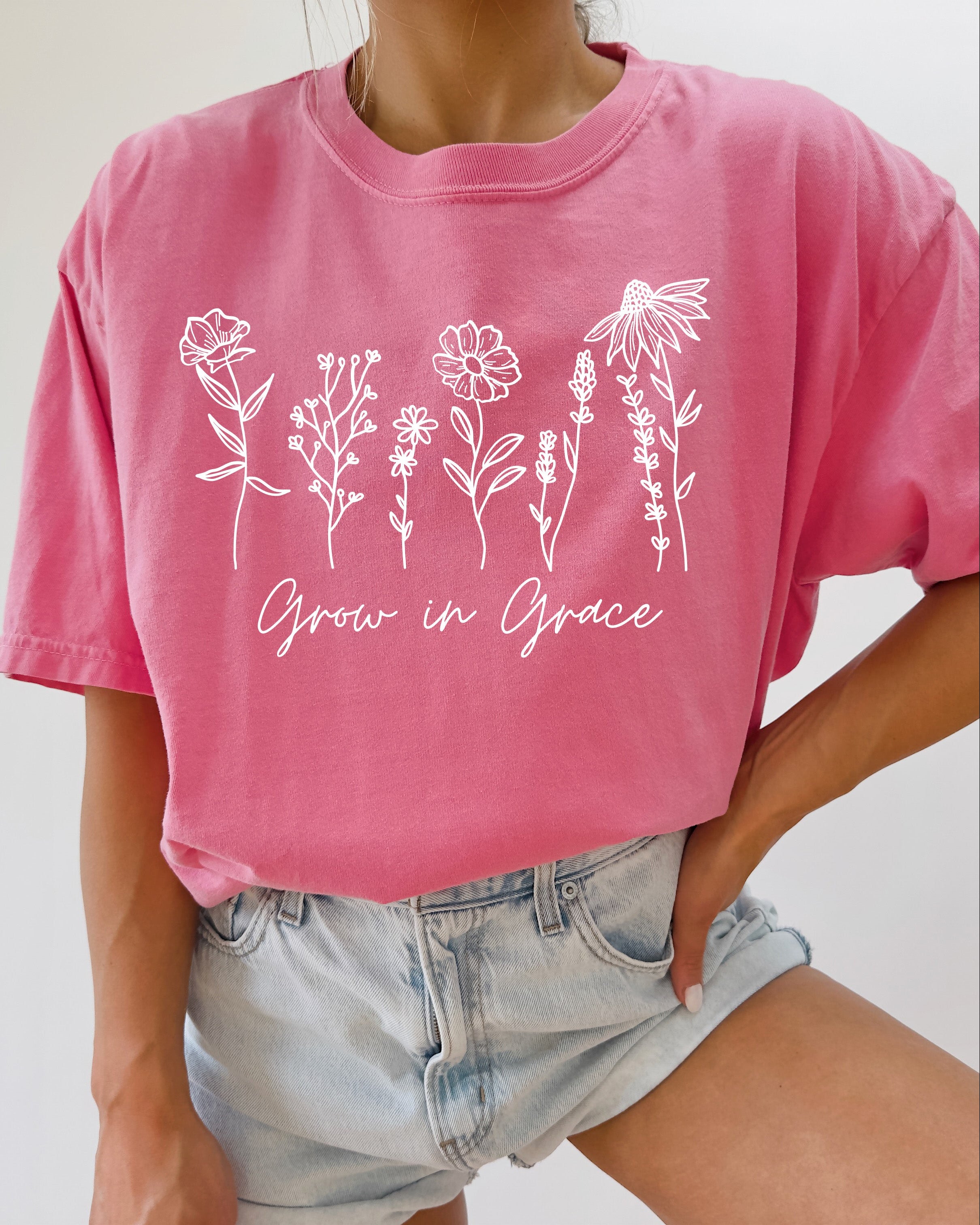 Grow in Grace Comfort Colors Christian and Flower Garment Dyed Christian T Shirt