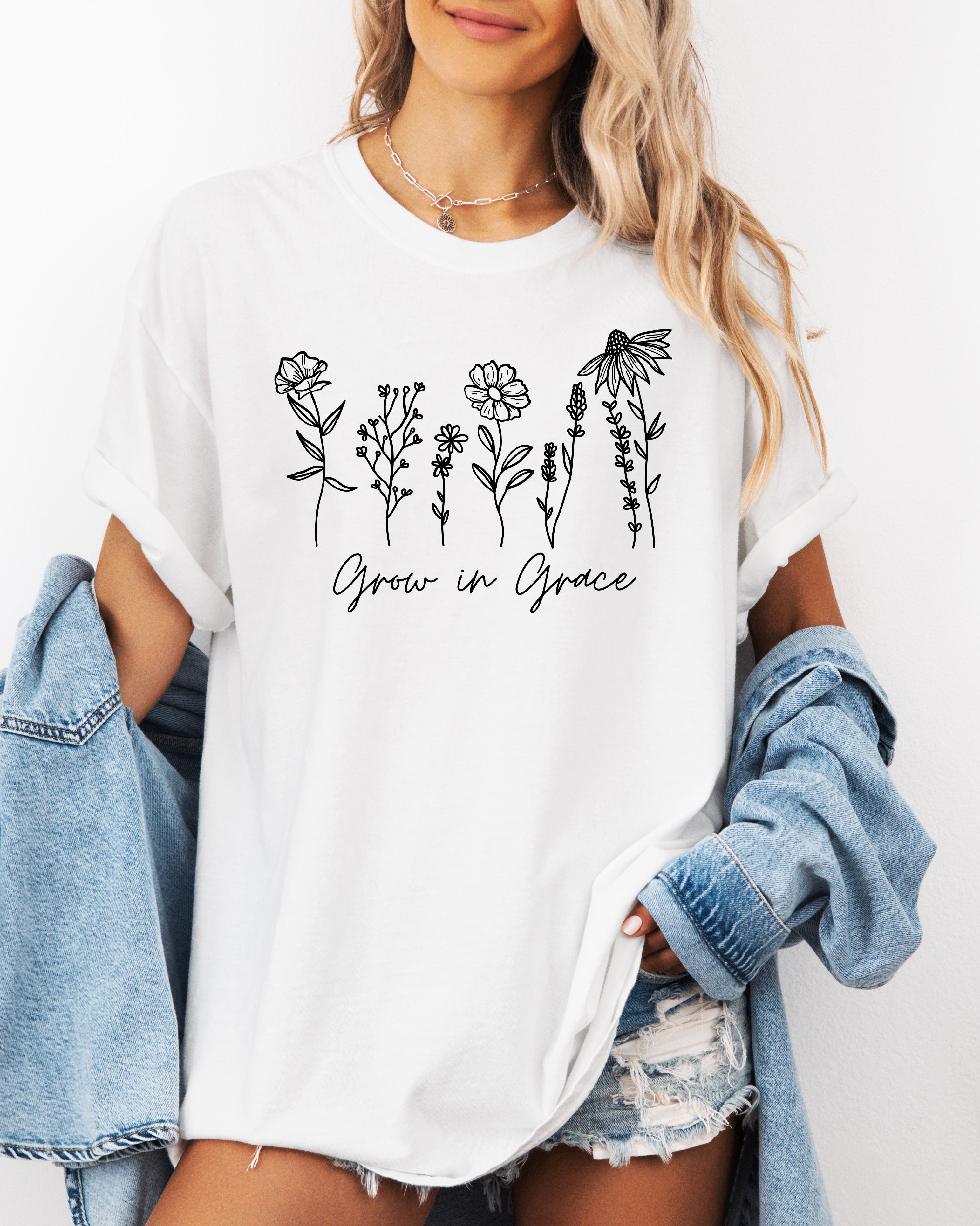 Grow in Grace Comfort Colors Christian and Flower Garment Dyed Christian T Shirt