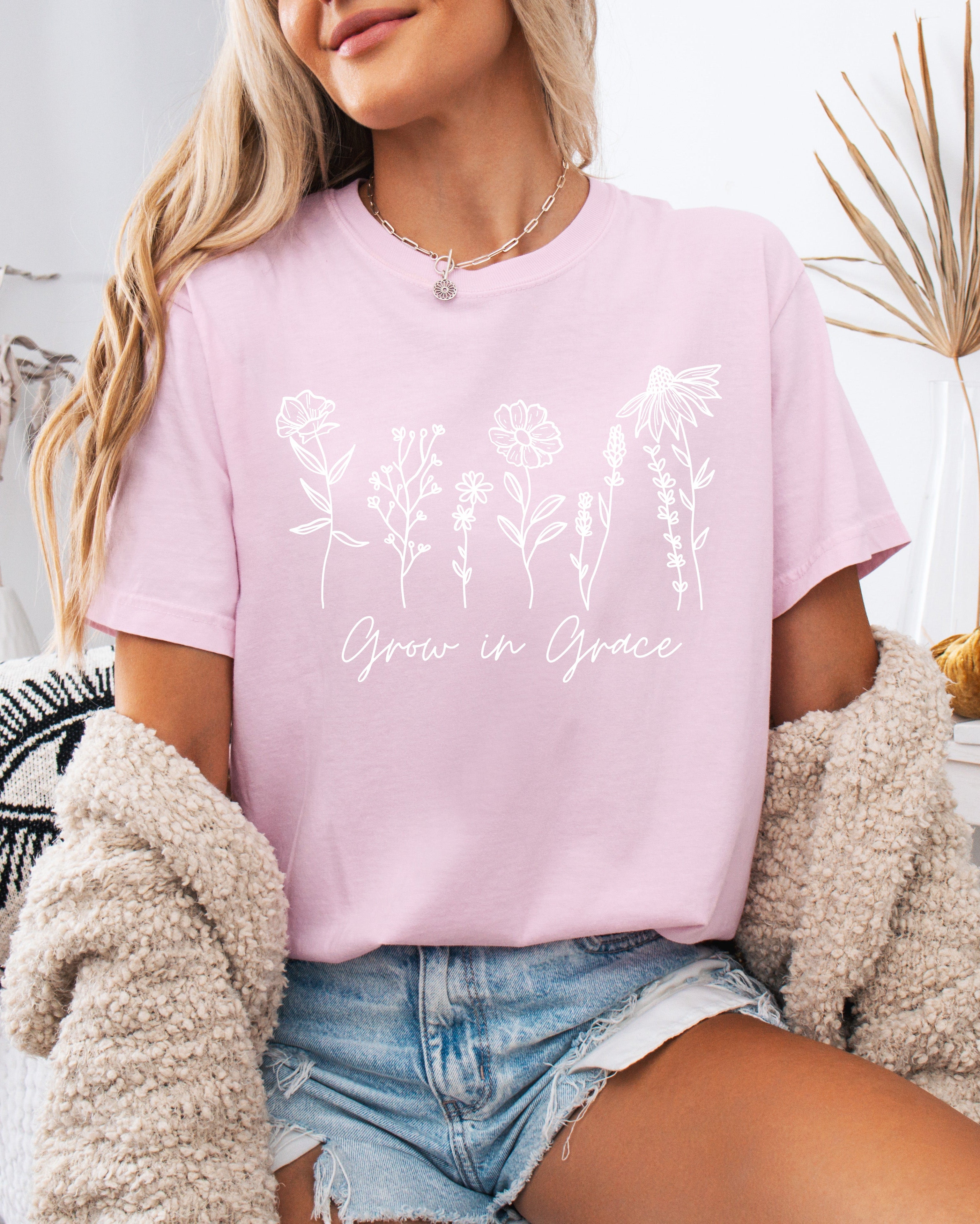 Grow in Grace Comfort Colors Christian and Flower Garment Dyed Christian T Shirt