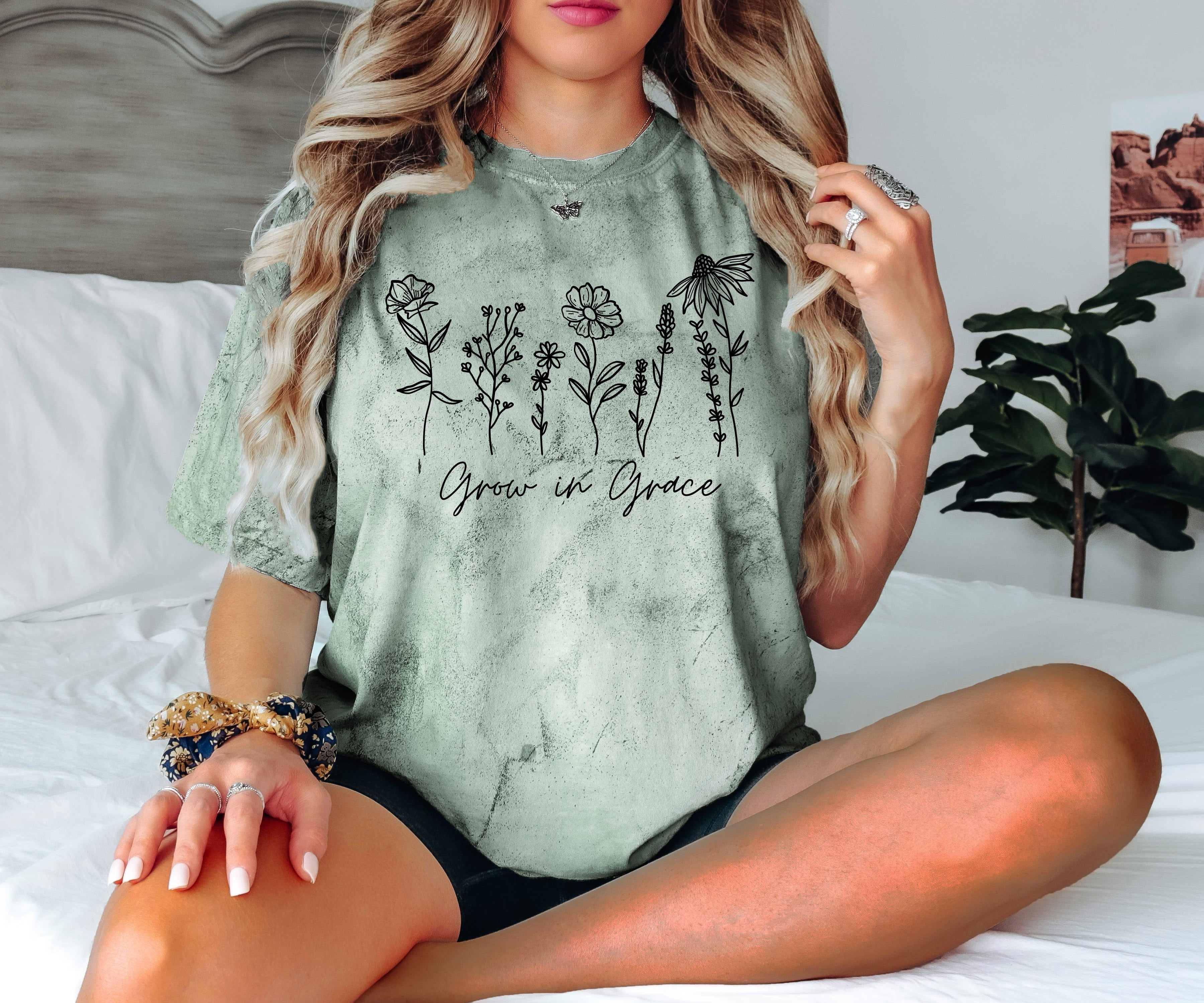 Grow in Grace Comfort Colors Christian and Flower Garment Dyed Christian T Shirt