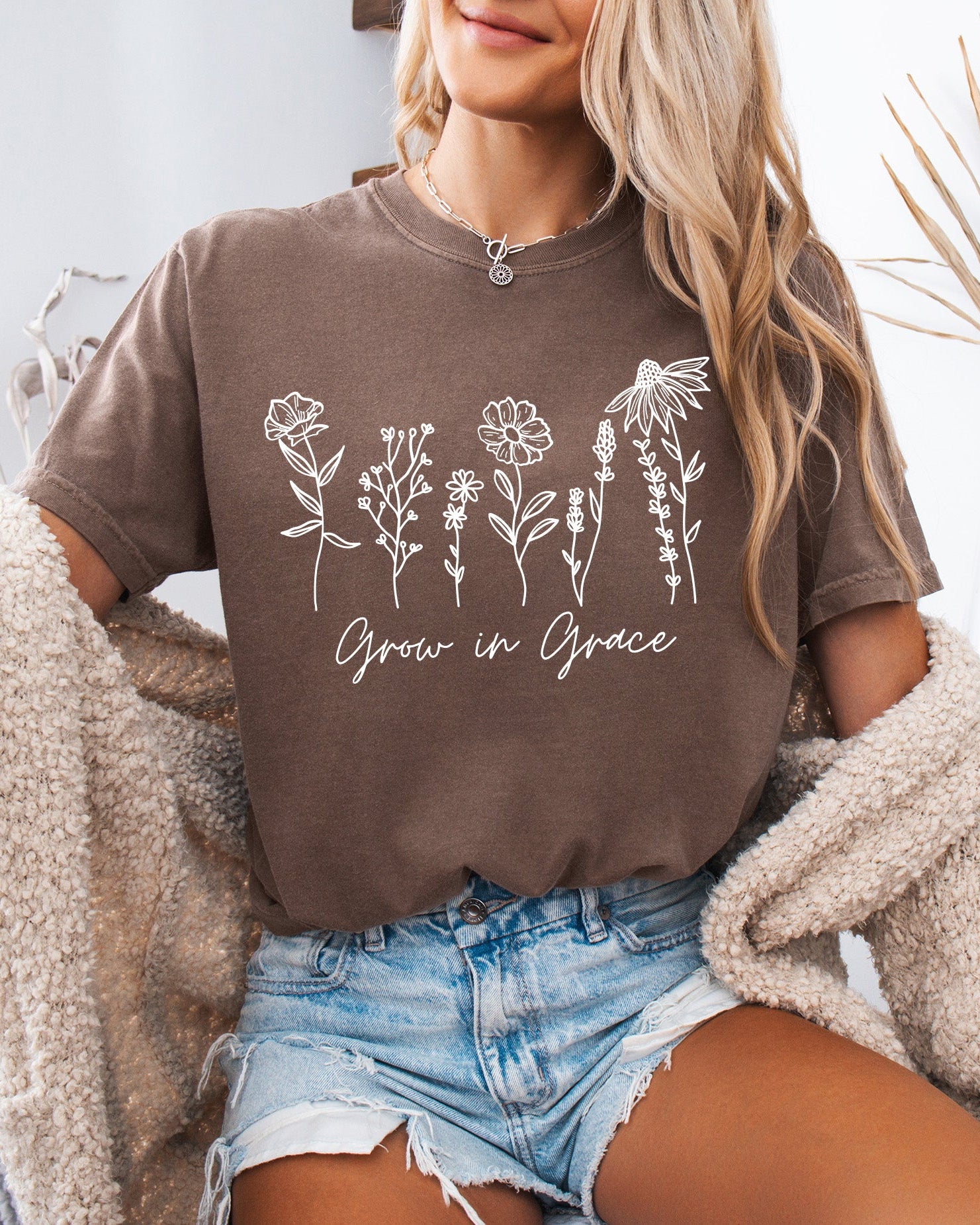 Grow in Grace Comfort Colors Christian and Flower Garment Dyed Christian T Shirt