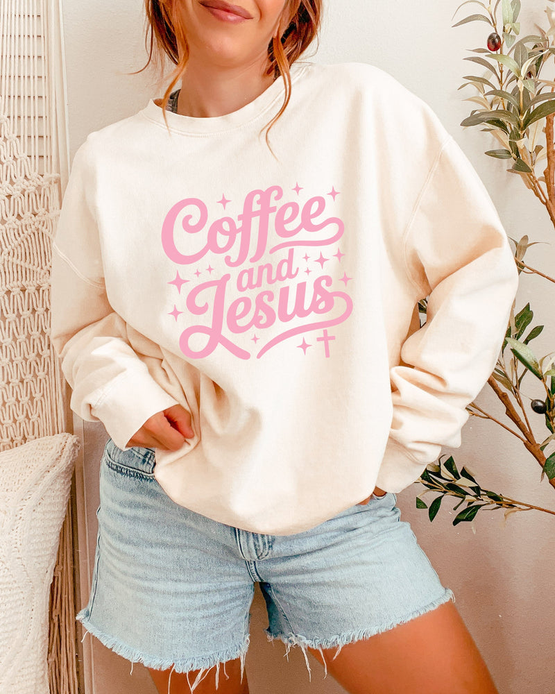 Coffee and Jesus Fall Autumn Garment Dyed Comfort Colors Sweatshirt (Groovy)