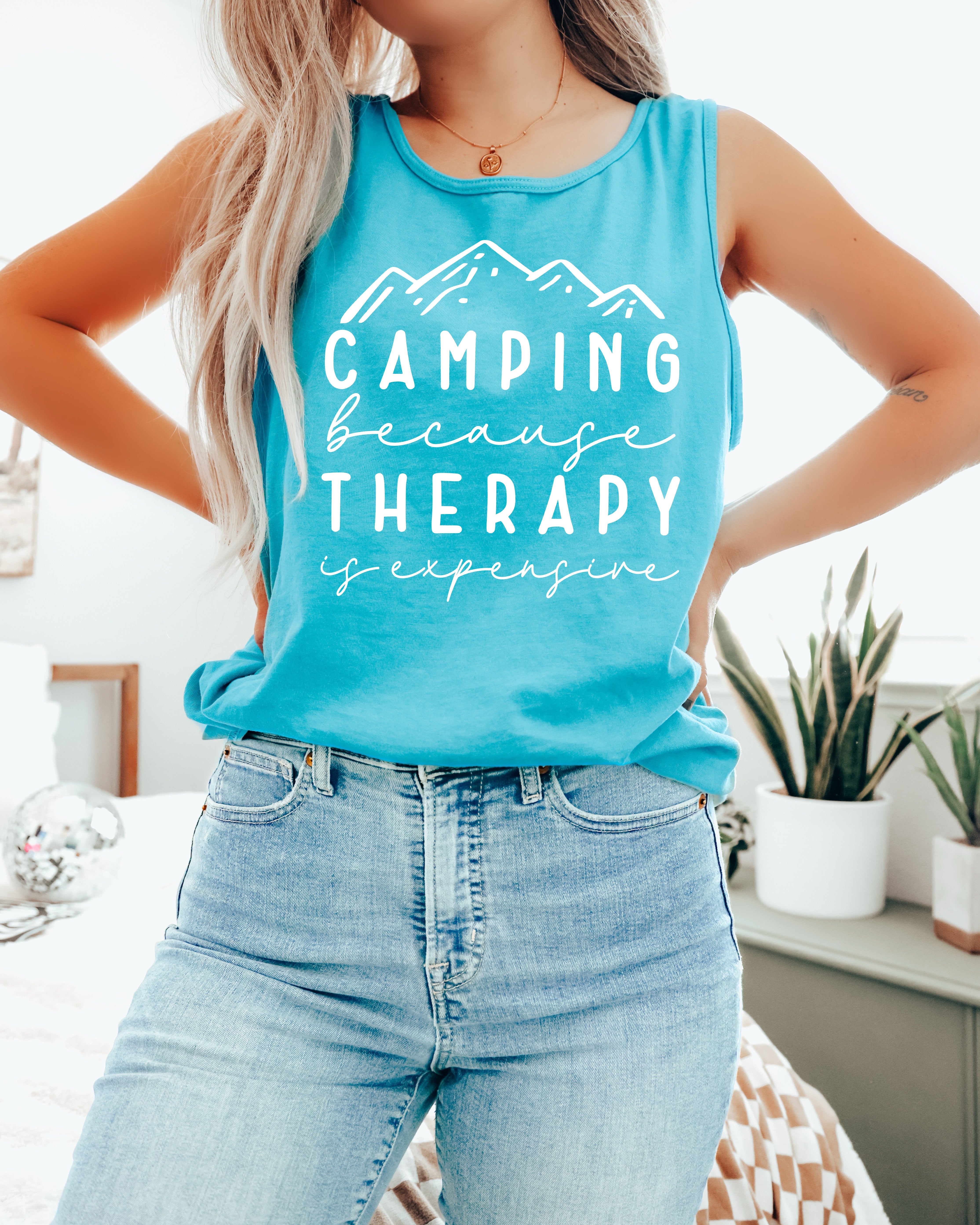 Camping Therapy Comfort Colors Tank Top – Mountain Hiking Camping Vacation Nature Lake Beach Graphic
