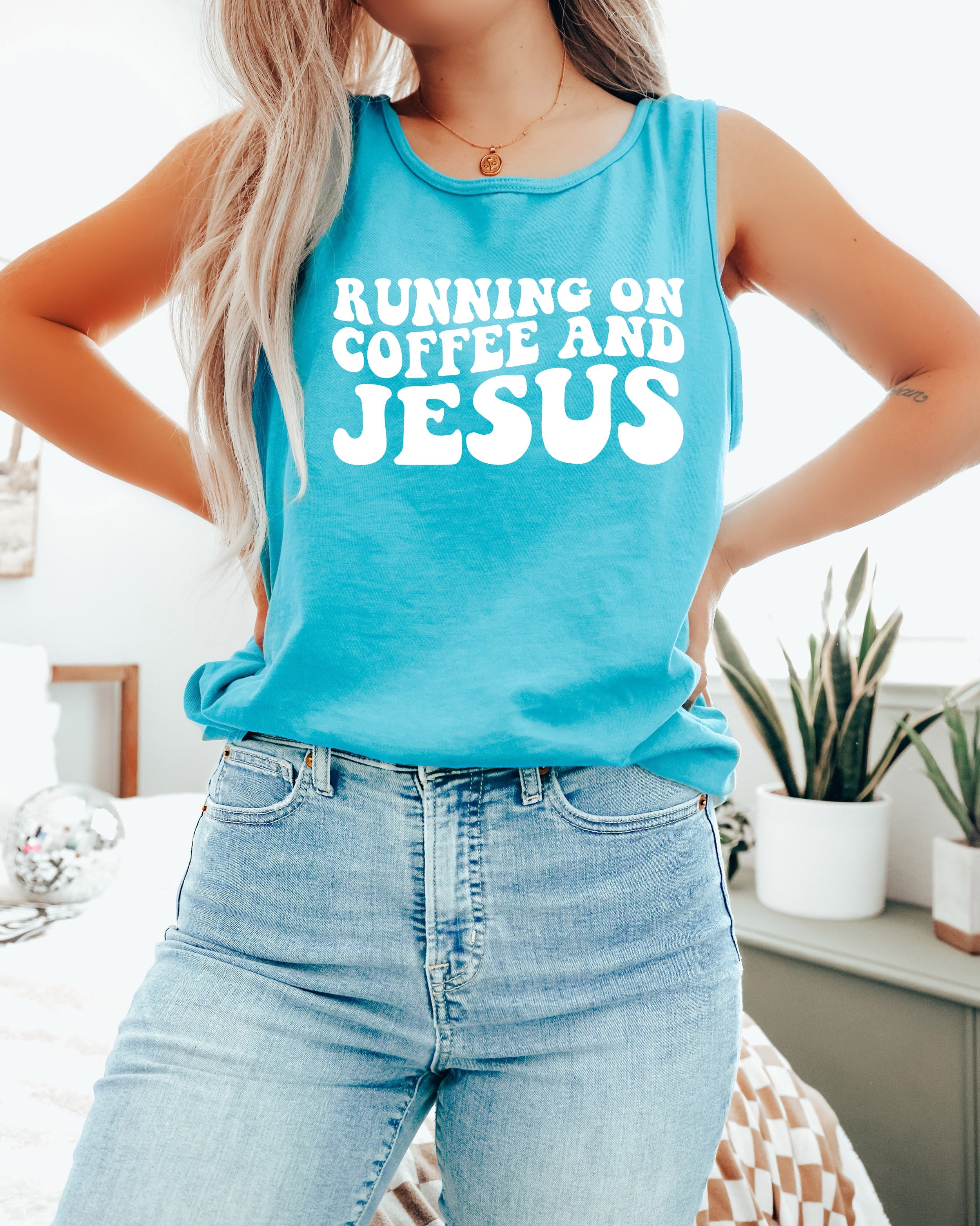 Running on Coffee and Jesus Comfort Colors Tank Top (Groovy)