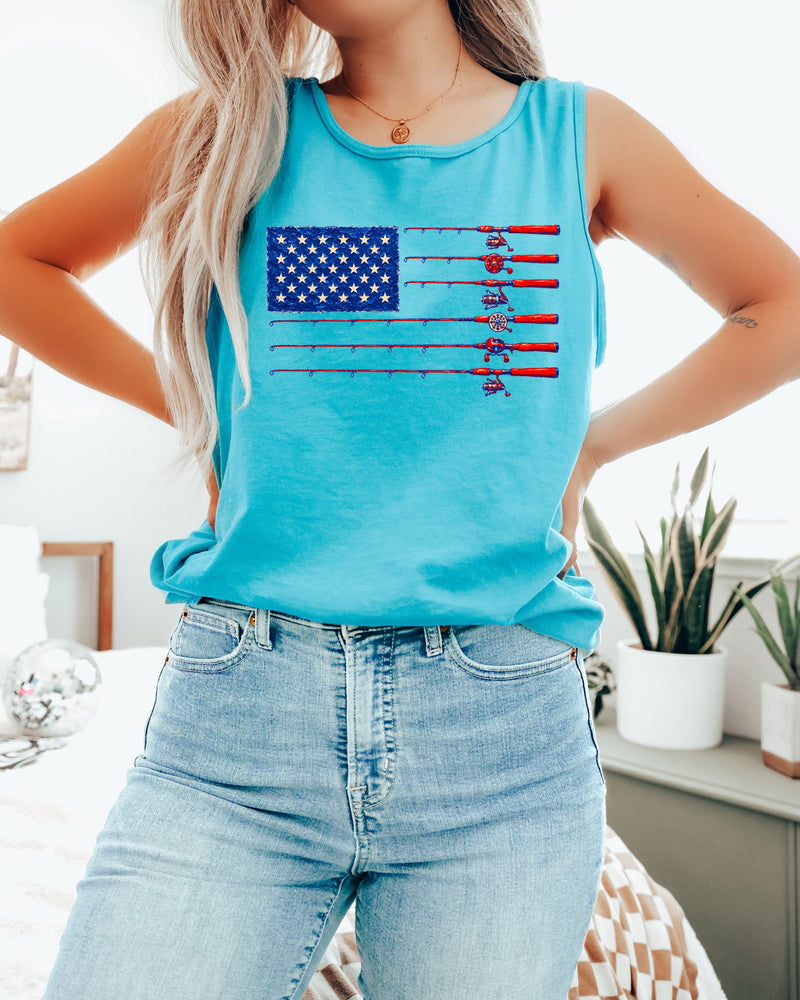 Comfort Colors Patriotic American flag Fishing USATank Top Women Unisex Gift for Dad 4th of July