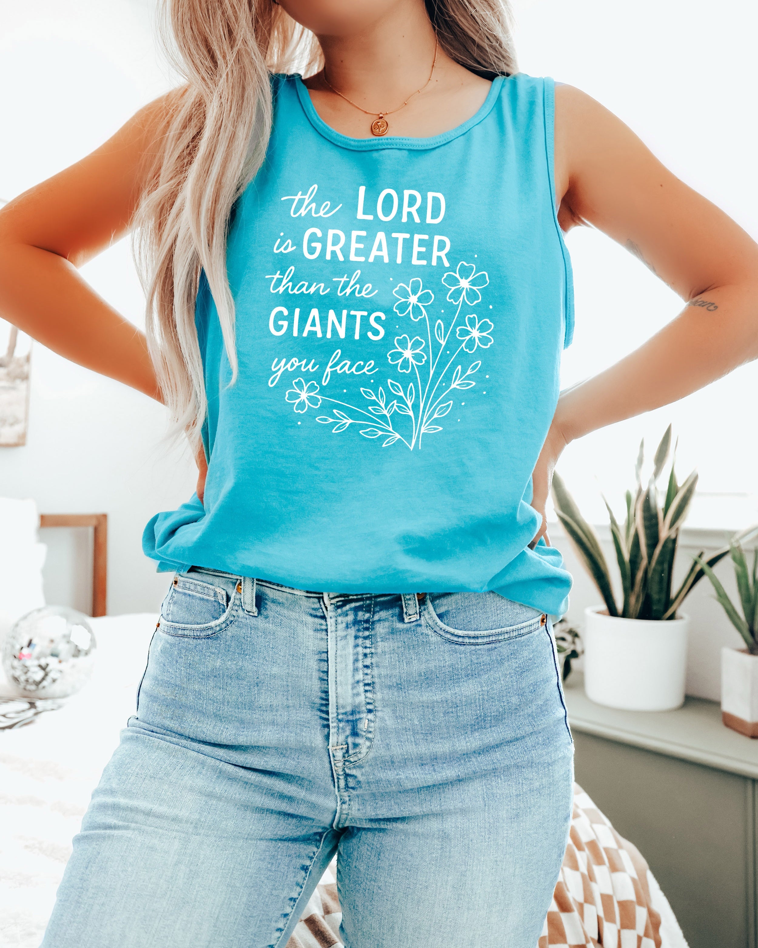 The Lord is greater than the giant Flower Psalm Christian Comfort Colors Tank Top Faith Bible Jesus