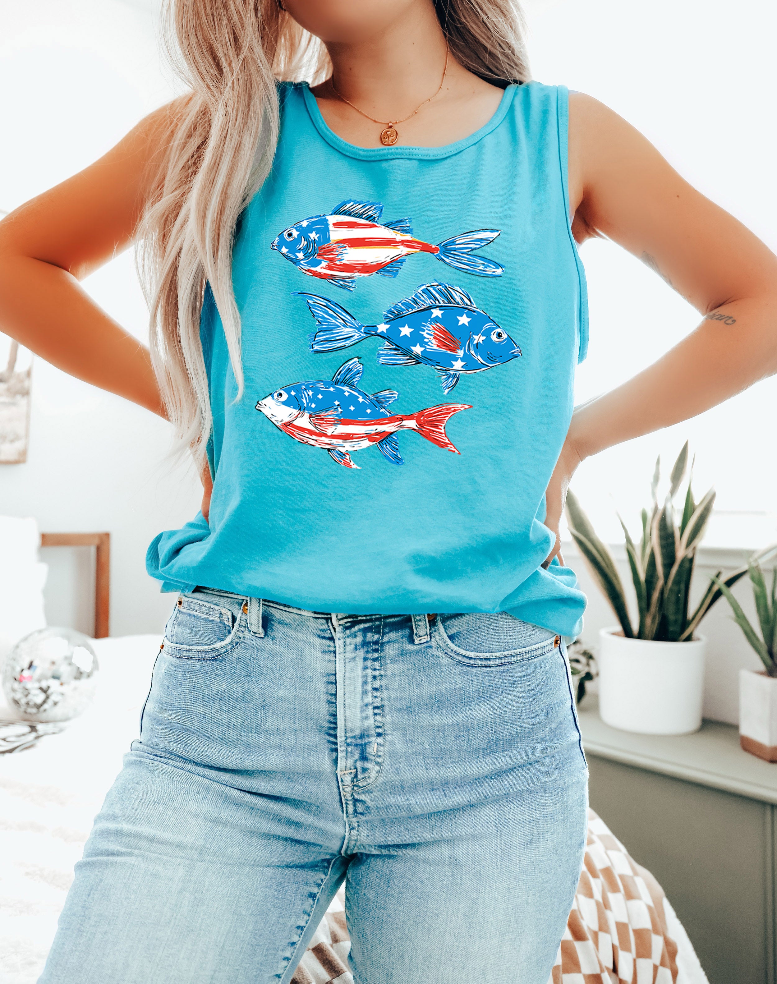 American USA Fish Salmon Lake Camping Comfort Colors Tank Top – Vacation Nature 4th of July Memorial day Veterans day