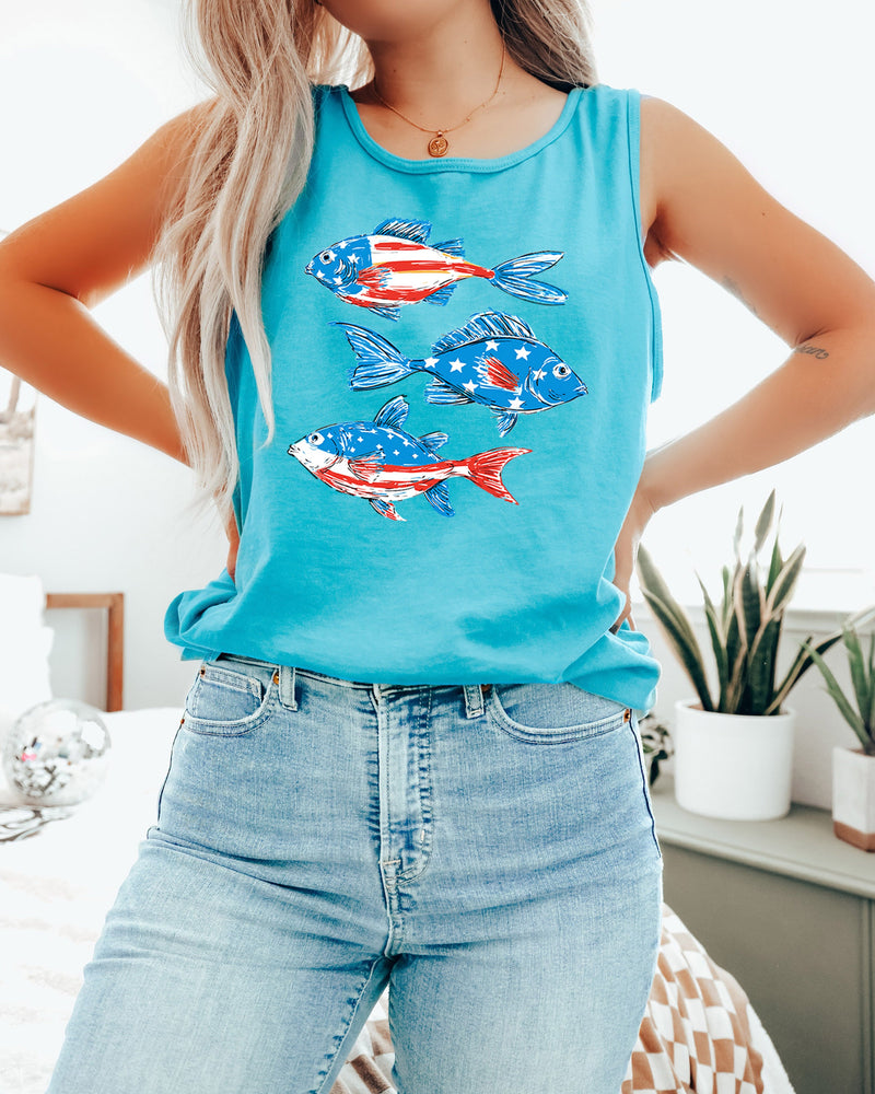 American USA Fish Salmon Lake Camping Comfort Colors Tank Top – Vacation Nature 4th of July Memorial day Veterans day