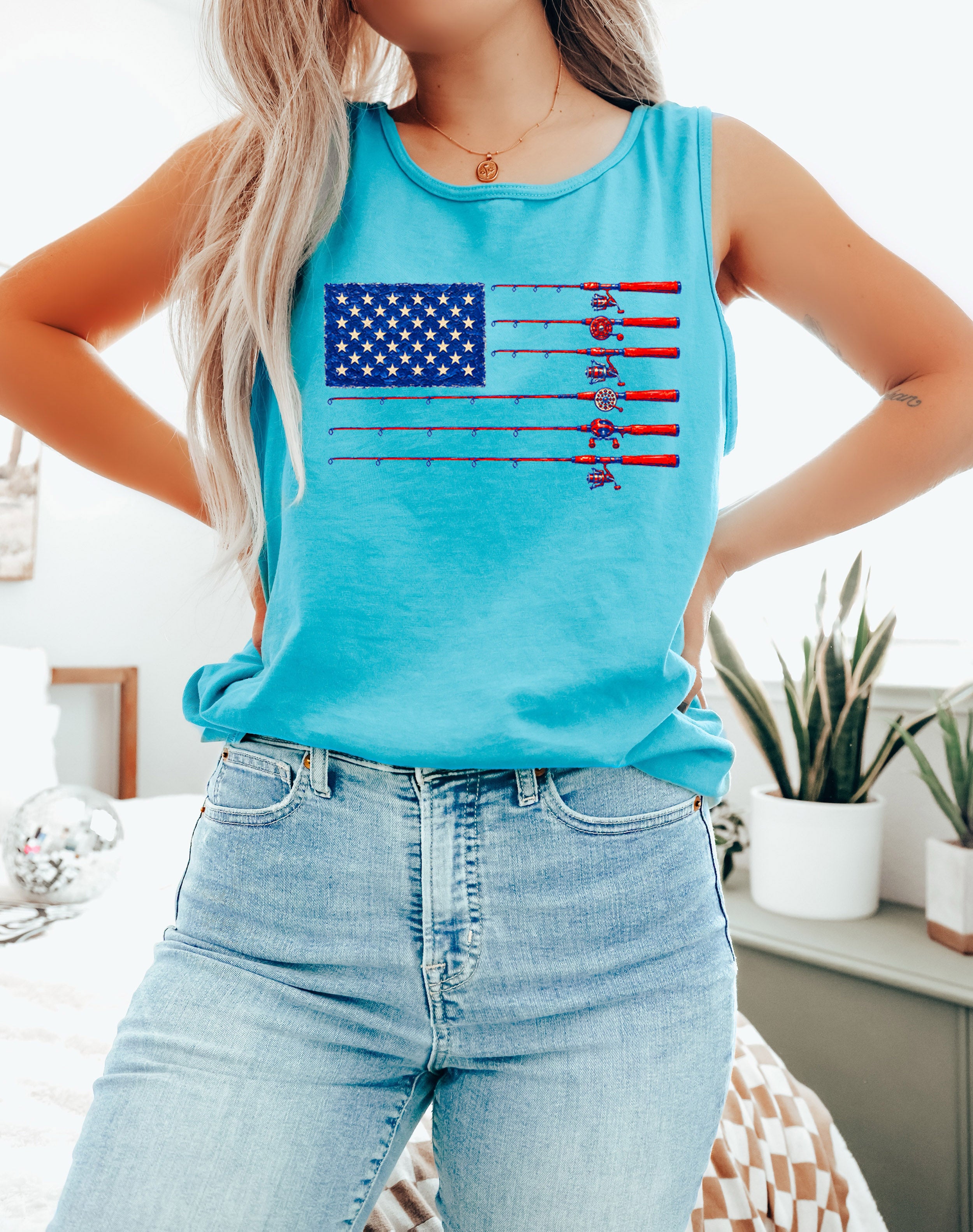 Comfort Colors Patriotic American flag Fishing USATank Top Women Unisex Gift for Dad 4th of July