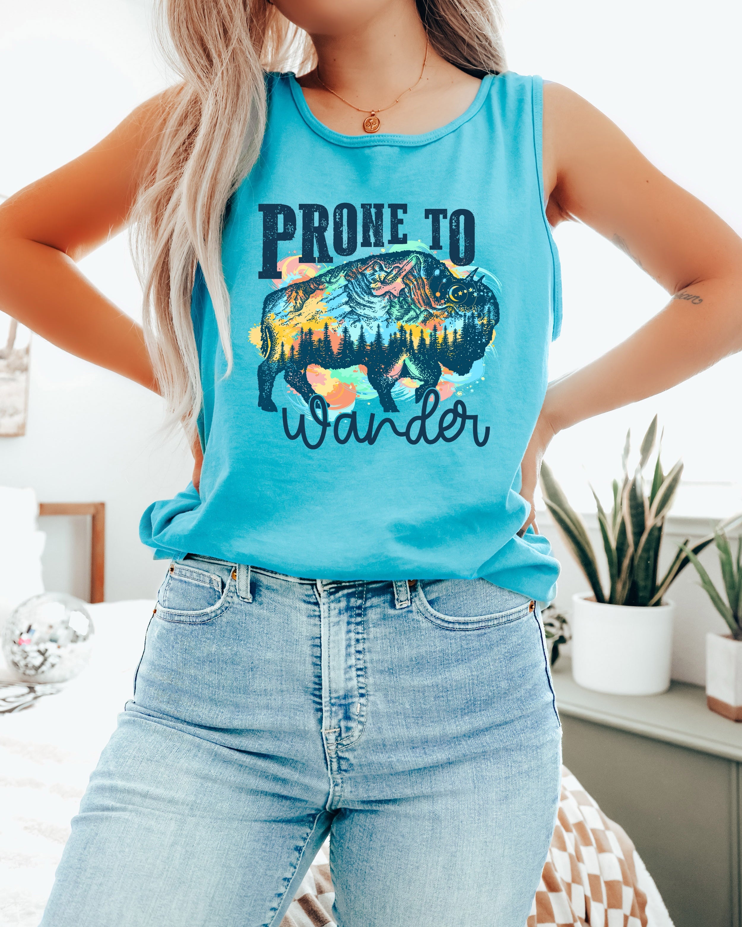 Prone to Wander Buffalo Lake Camping Comfort Colors Tank Top – Mountain Hiking Camping Vacation Nature Lake Beach Graphic