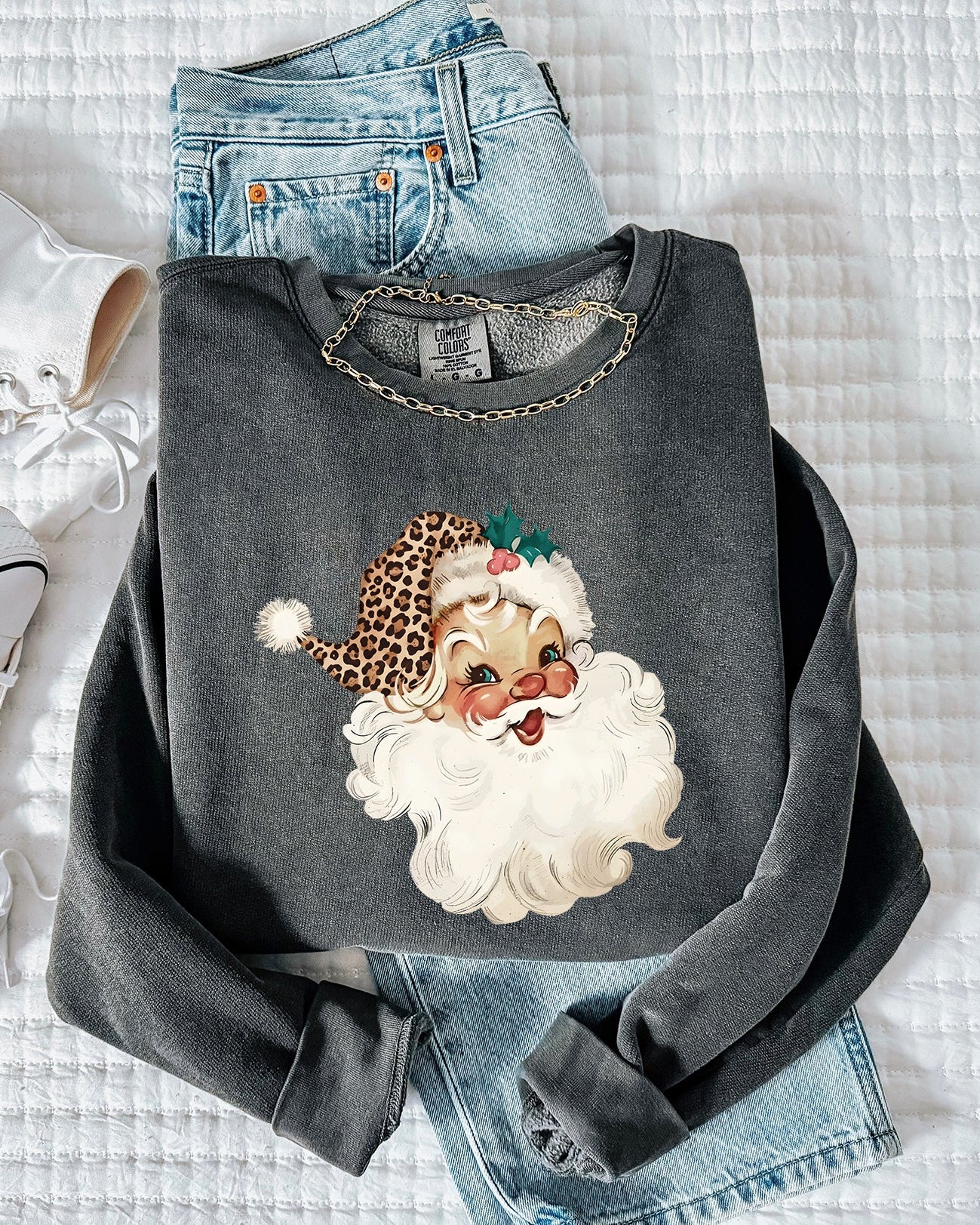Leopard Santa Merry Christmas Holiday Winter Garment Dyed Comfort Colors Sweatshirt