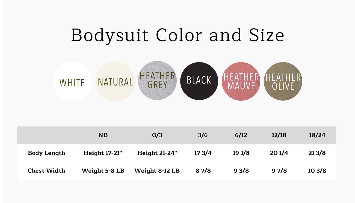 Bodysuit color and size chart showing options: White, Natural, Heather Grey, Black, Heather Mauve, Heather Olive.