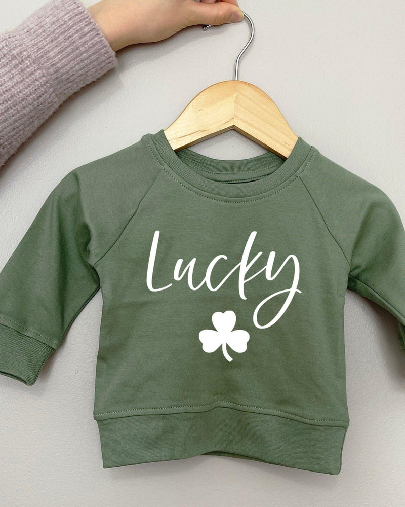 Lucky Shamrock Clover St. Patricks Kids Organic Cotton Pullover (Cursive)