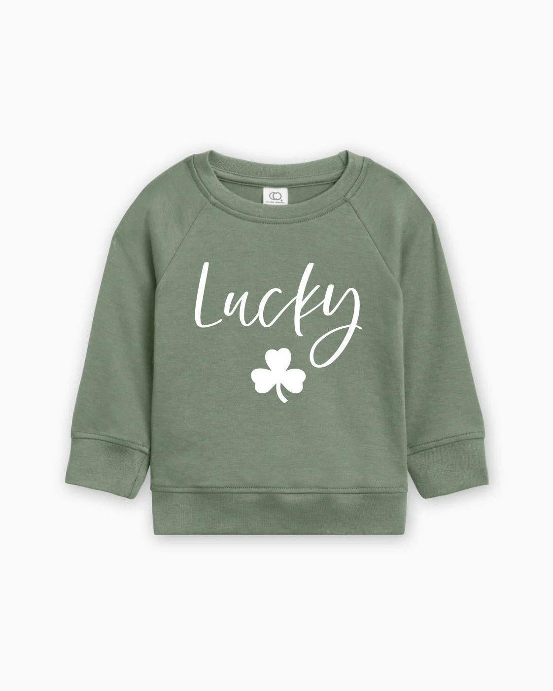 Lucky Shamrock Clover St. Patricks Kids Organic Cotton Pullover (Cursive)