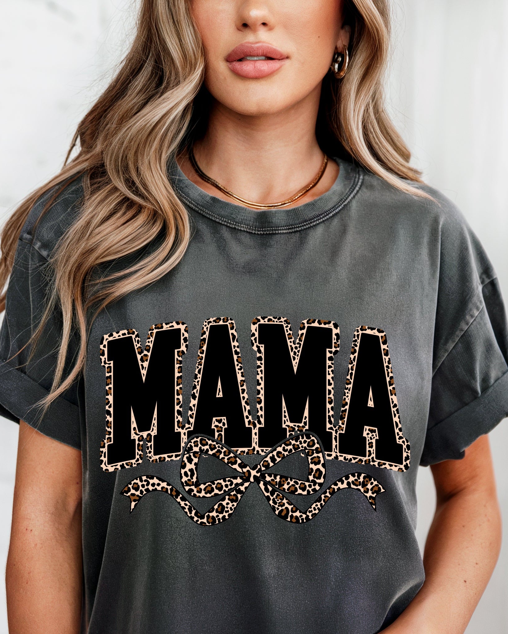 Mama Leopard Ribbon Comfort Colors T Shirt (Center)