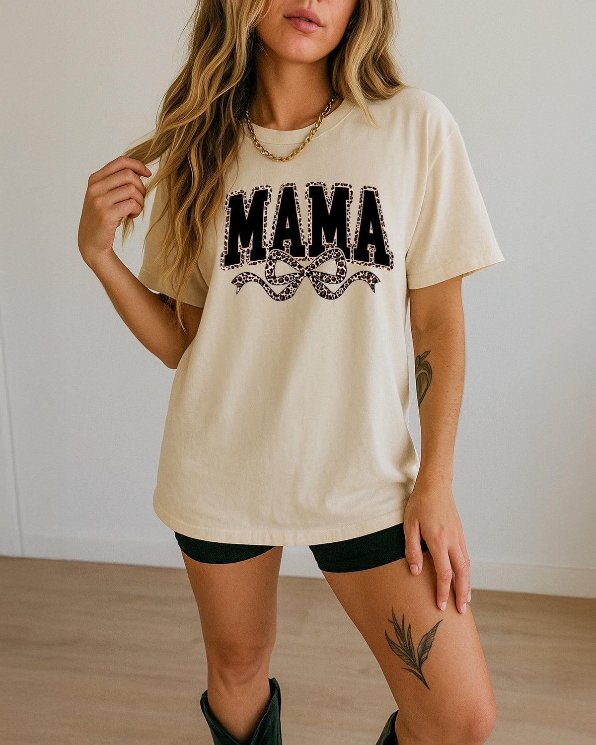 Mama Leopard Ribbon Comfort Colors T Shirt (Center)