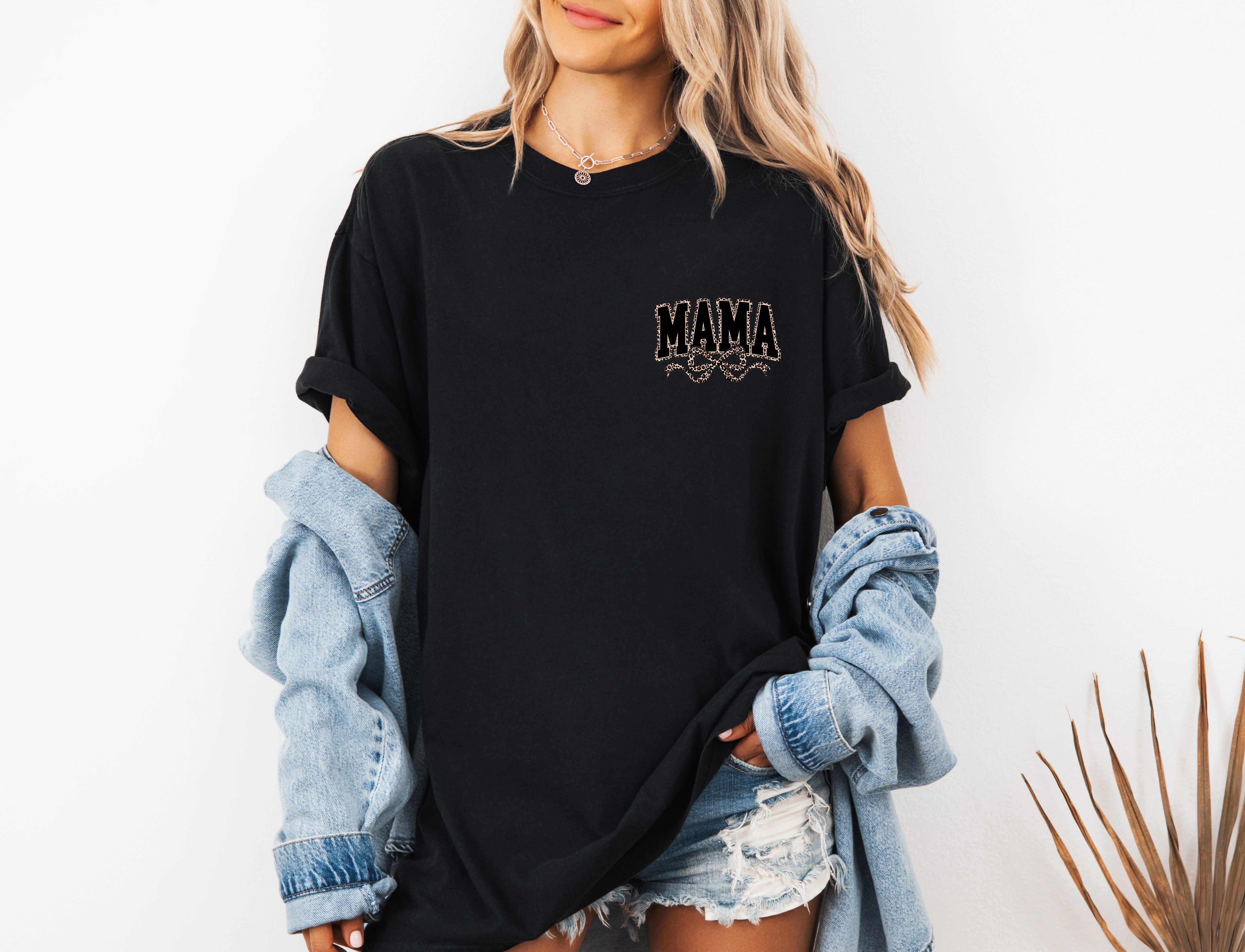Mama Leopard Ribbon Comfort Colors T Shirt (Left Chest)