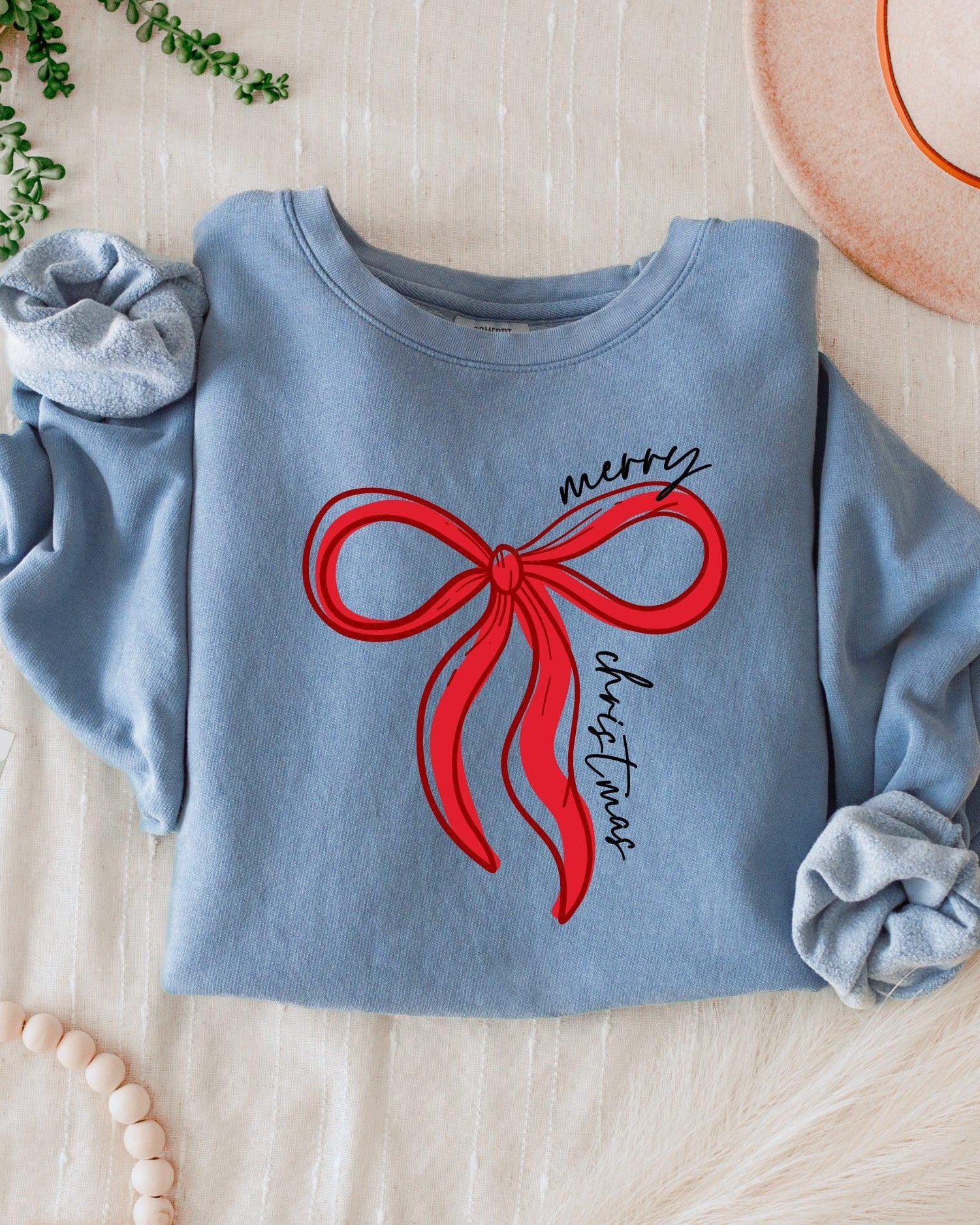Merry Christmas Ribbon Holiday Winter Garment Dyed Comfort Colors Sweatshirt