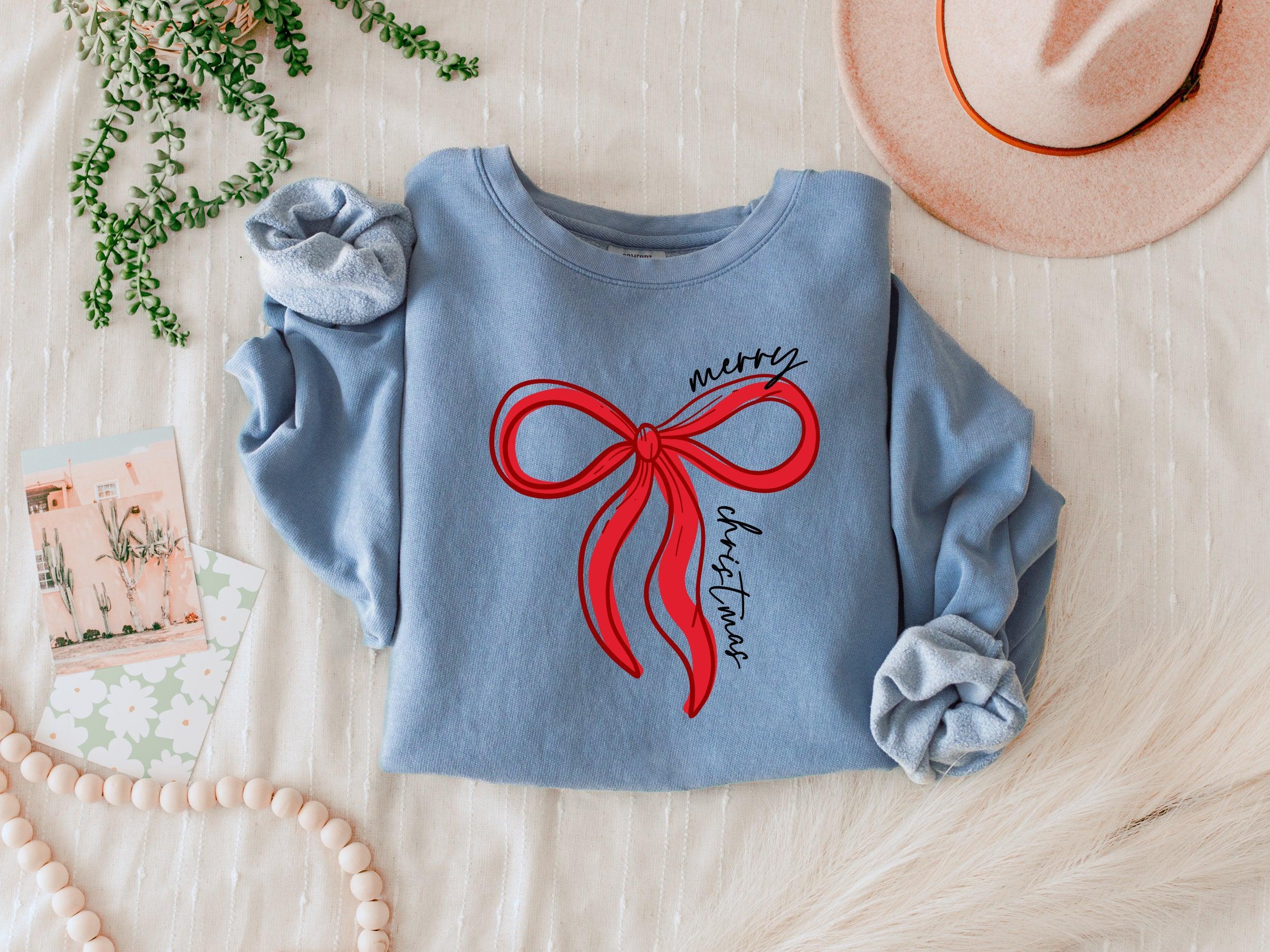Merry Christmas Ribbon Holiday Winter Garment Dyed Comfort Colors Sweatshirt