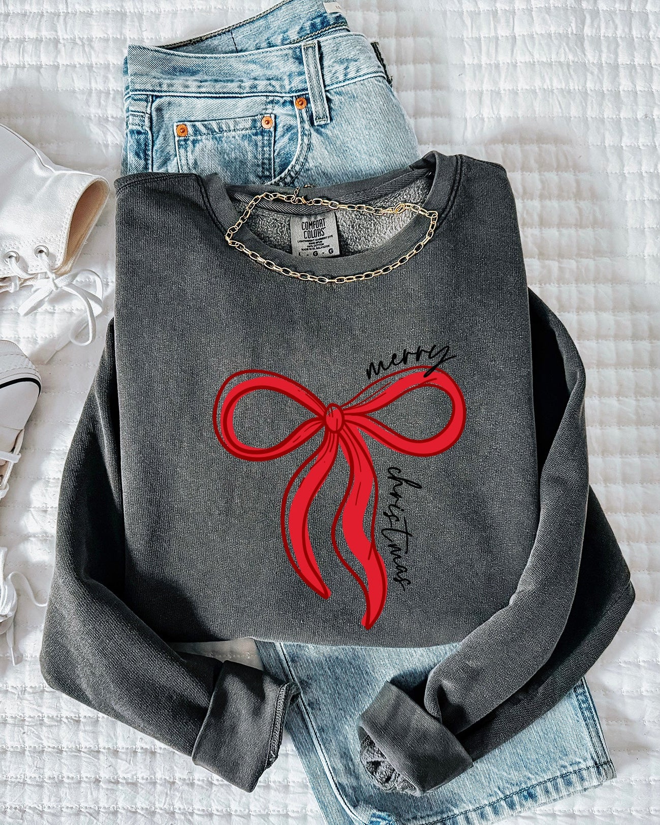 Merry Christmas Ribbon Holiday Winter Garment Dyed Comfort Colors Sweatshirt