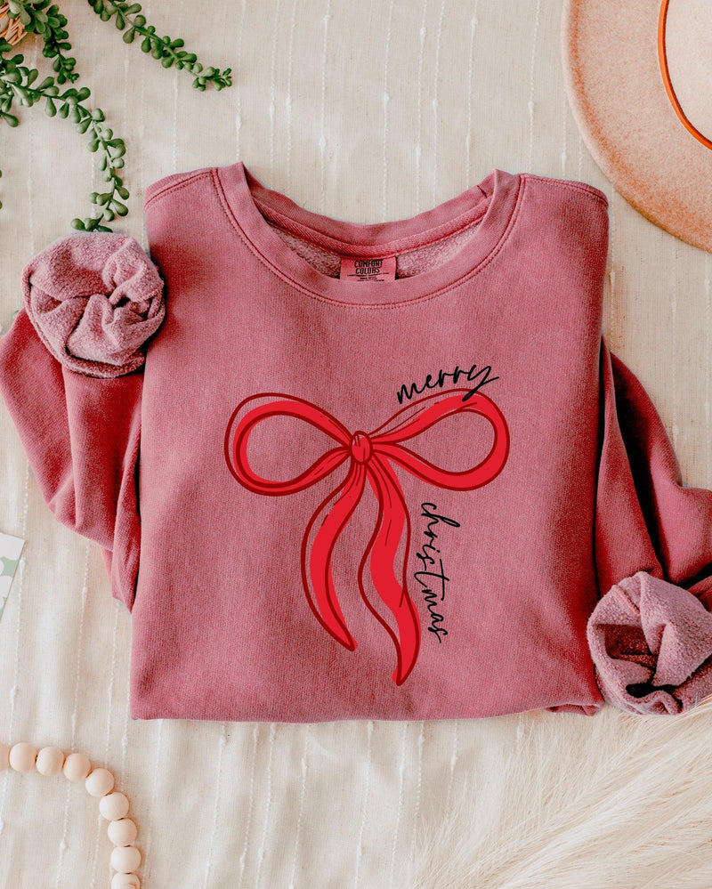 Merry Christmas Ribbon Holiday Winter Garment Dyed Comfort Colors Sweatshirt
