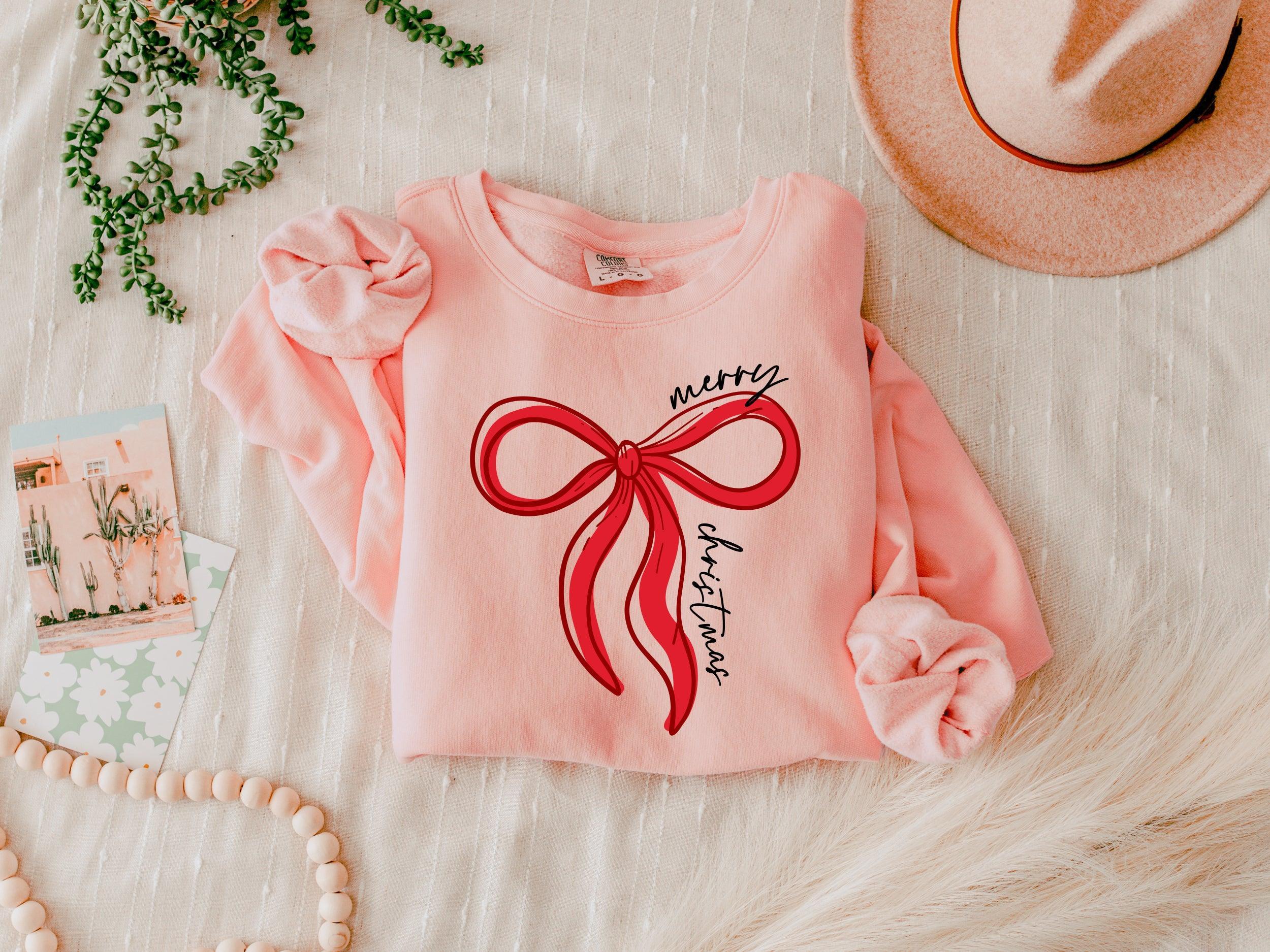 Merry Christmas Ribbon Holiday Winter Garment Dyed Comfort Colors Sweatshirt