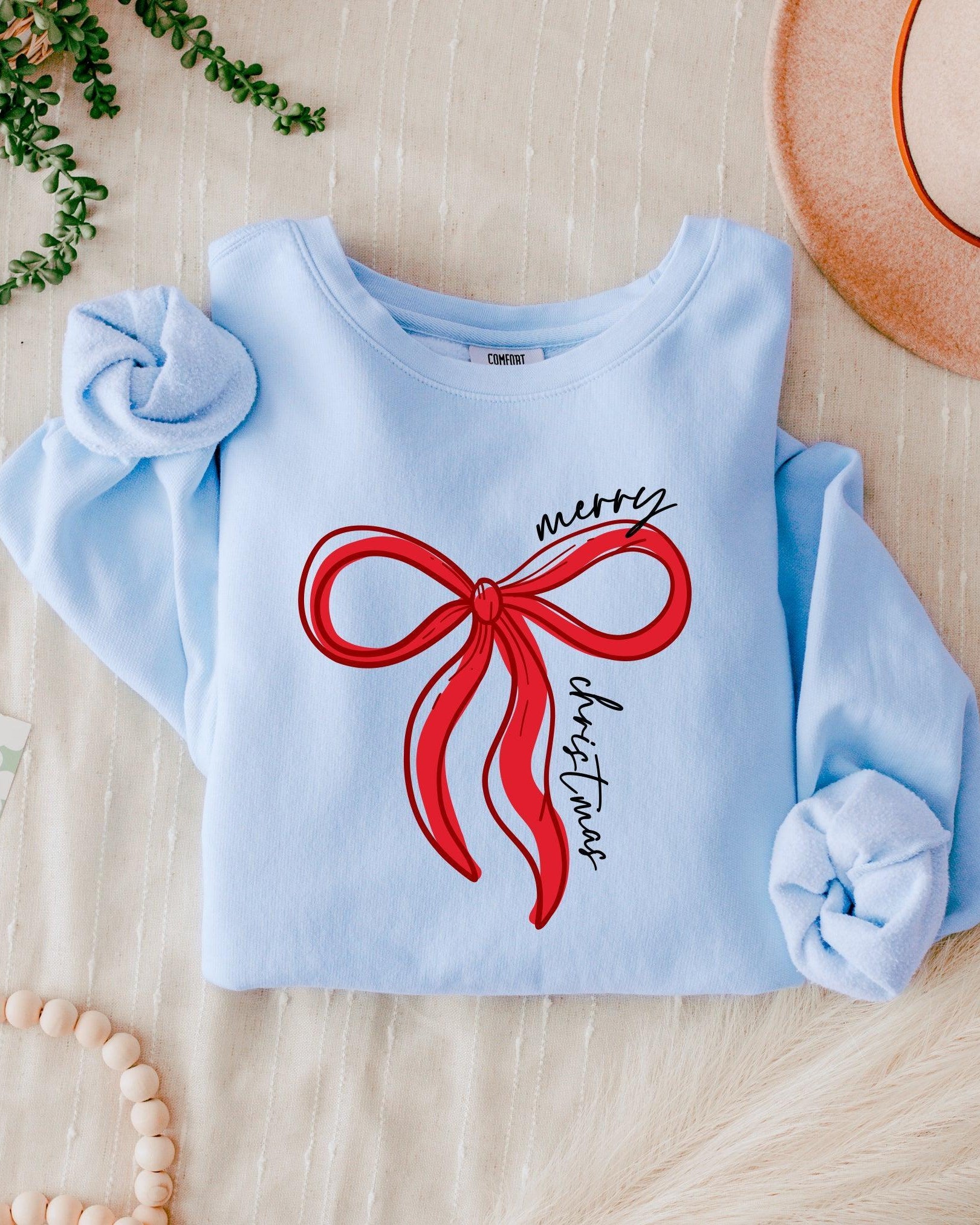 Merry Christmas Ribbon Holiday Winter Garment Dyed Comfort Colors Sweatshirt