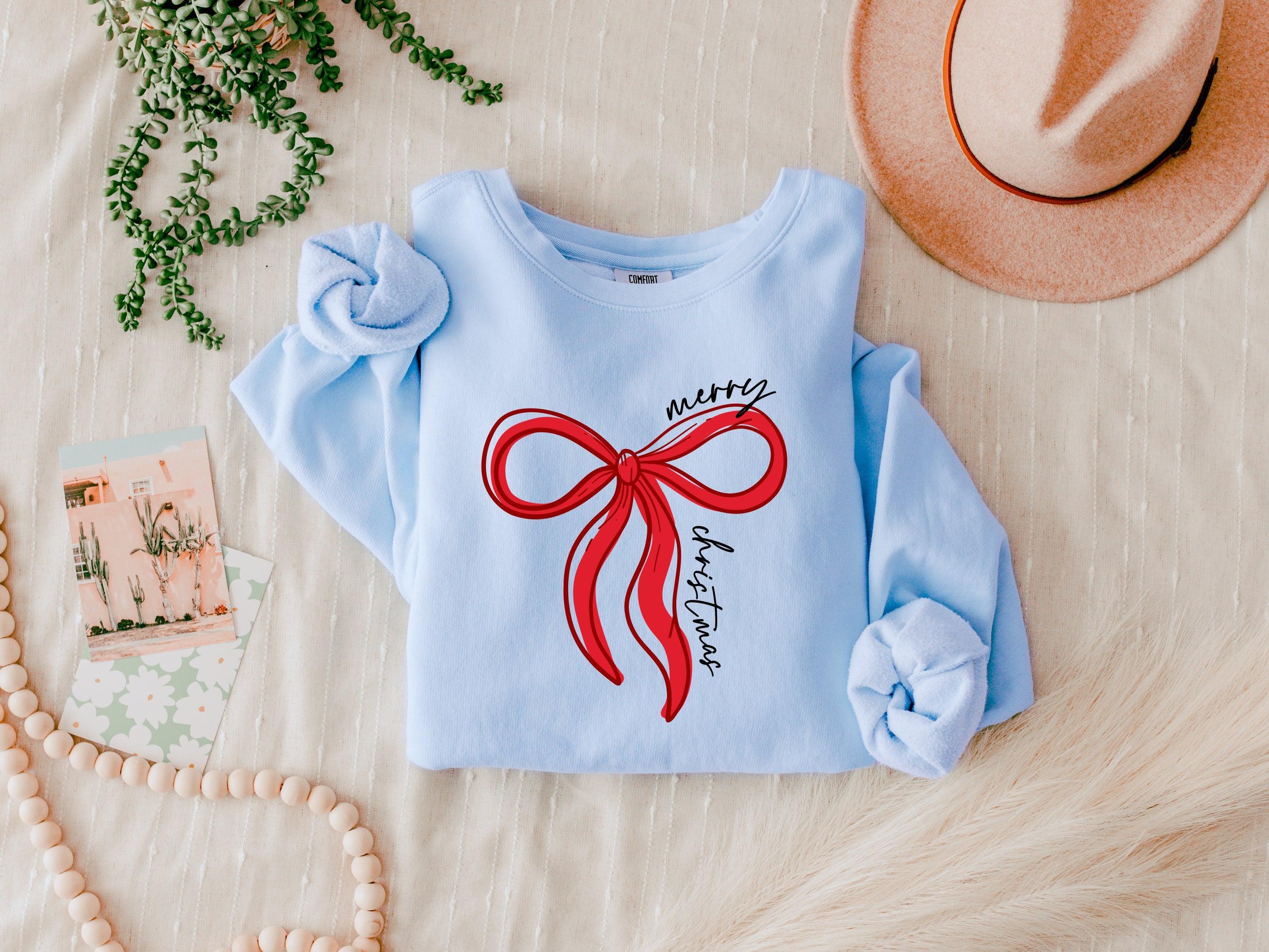 Merry Christmas Ribbon Holiday Winter Garment Dyed Comfort Colors Sweatshirt