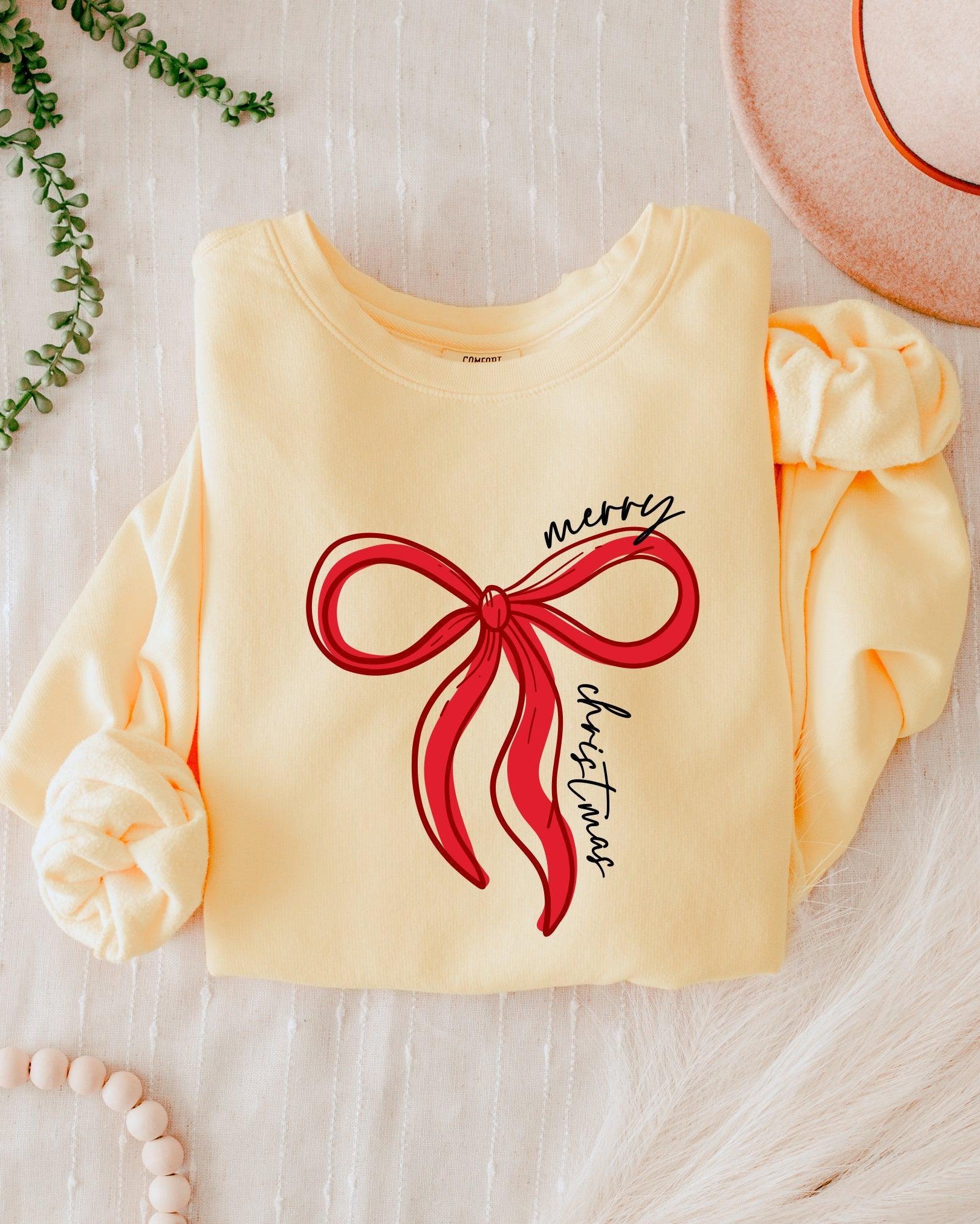 Merry Christmas Ribbon Holiday Winter Garment Dyed Comfort Colors Sweatshirt