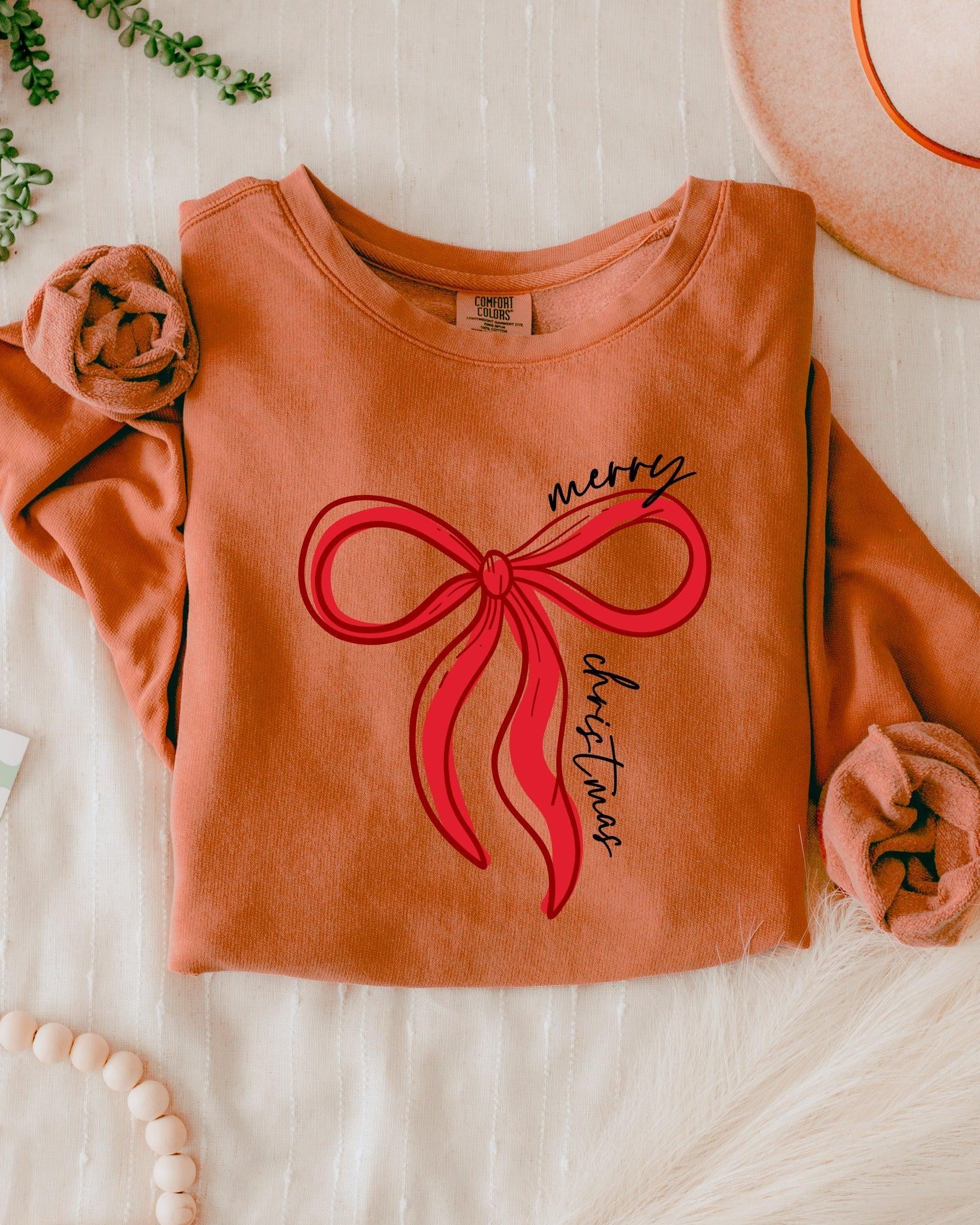 Merry Christmas Ribbon Holiday Winter Garment Dyed Comfort Colors Sweatshirt