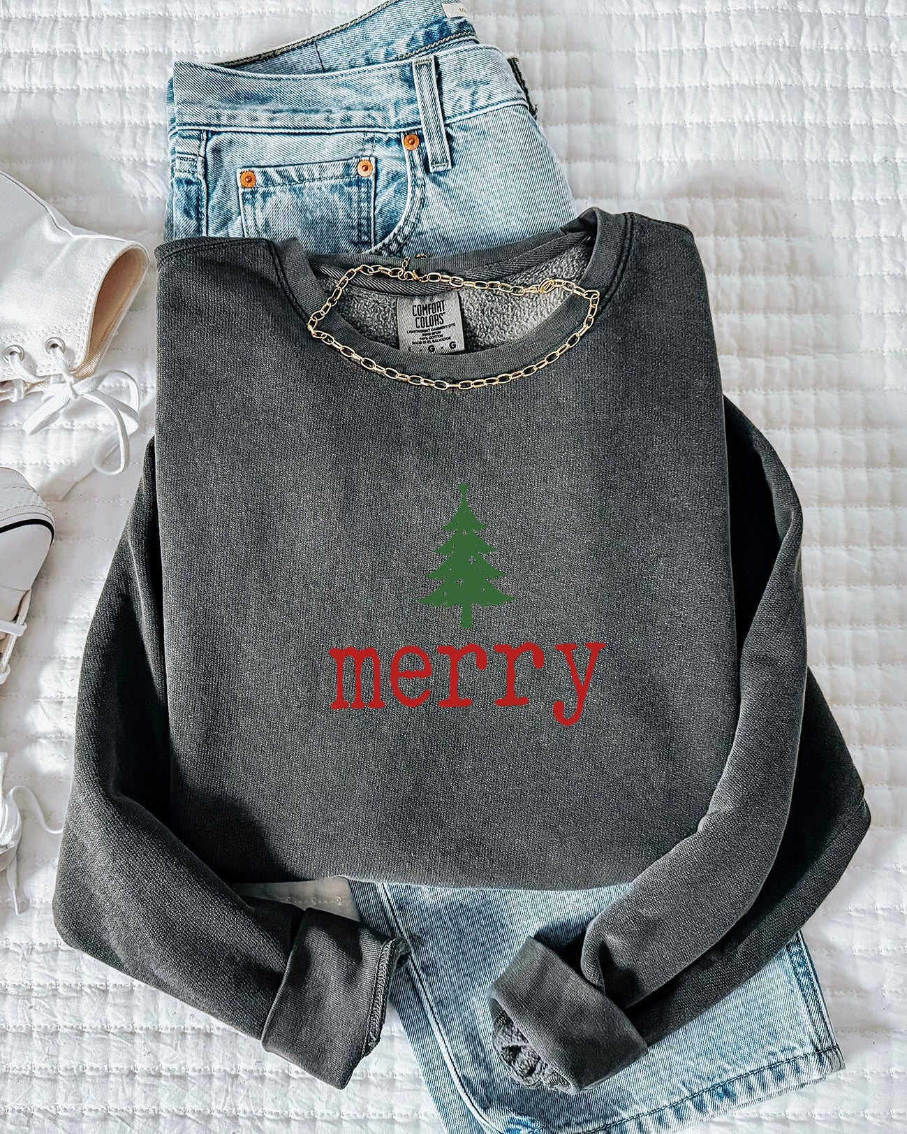 Merry Christmas + Tree Holiday Winter Garment Dyed Comfort Colors Sweatshirt