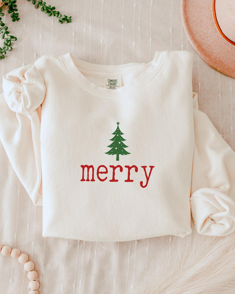 Merry Christmas + Tree Holiday Winter Garment Dyed Comfort Colors Sweatshirt