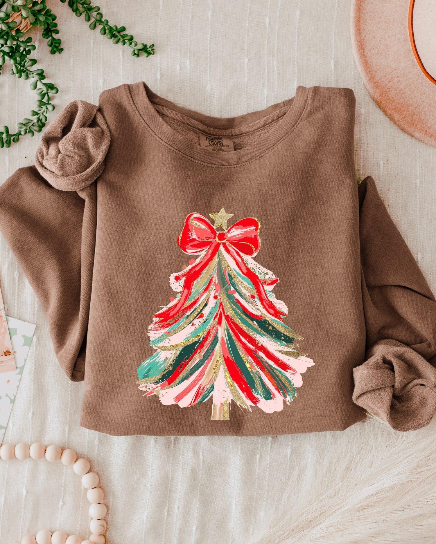 Merry Christmas Tree Holiday Winter Garment Dyed Comfort Colors Sweatshirt (Red Ribbon)