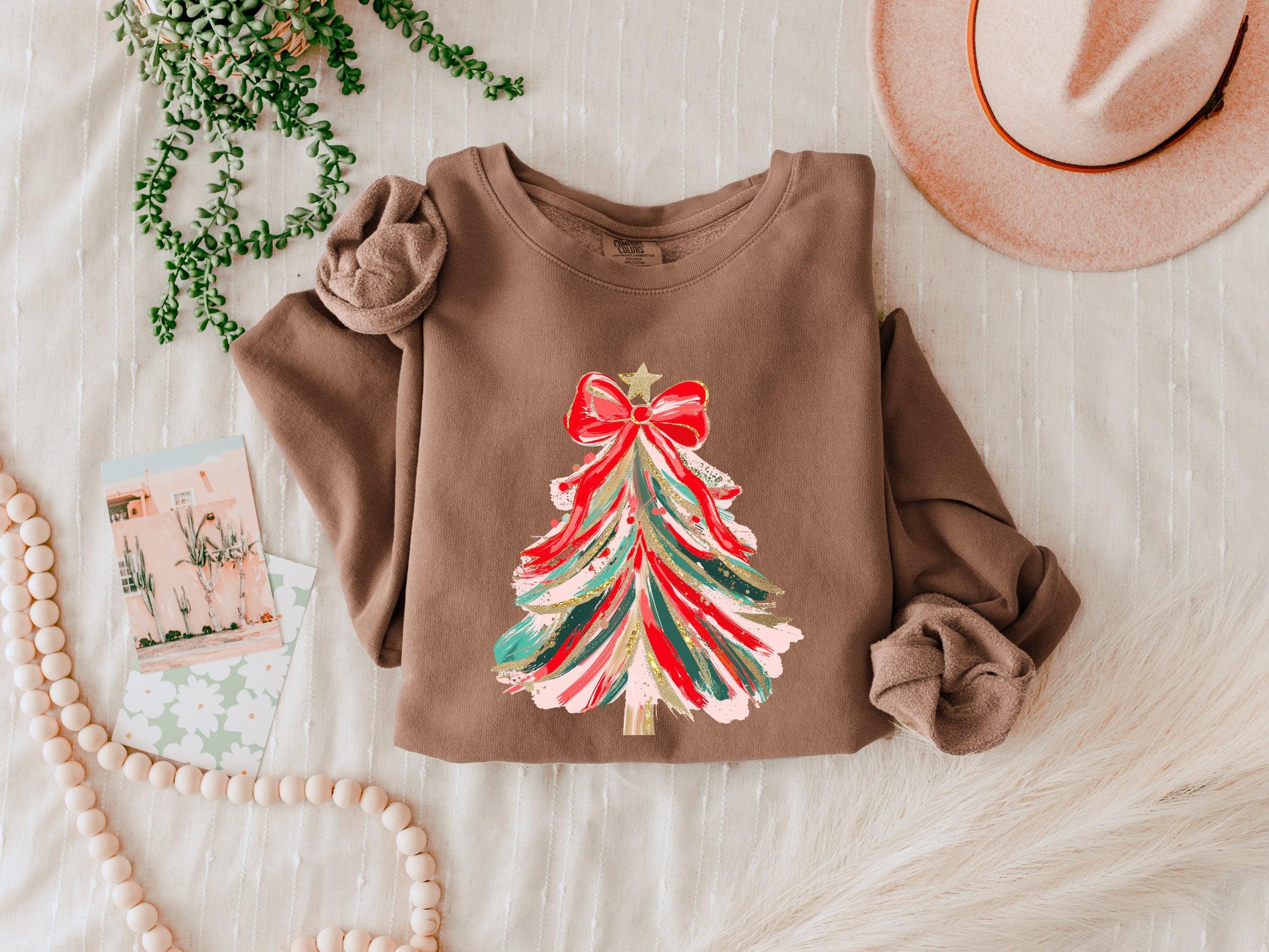 Merry Christmas Tree Holiday Winter Garment Dyed Comfort Colors Sweatshirt (Red Ribbon)