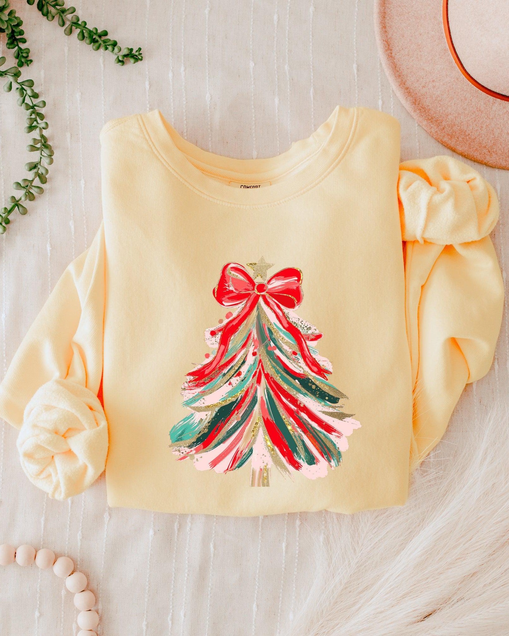 Merry Christmas Tree Holiday Winter Garment Dyed Comfort Colors Sweatshirt (Red Ribbon)